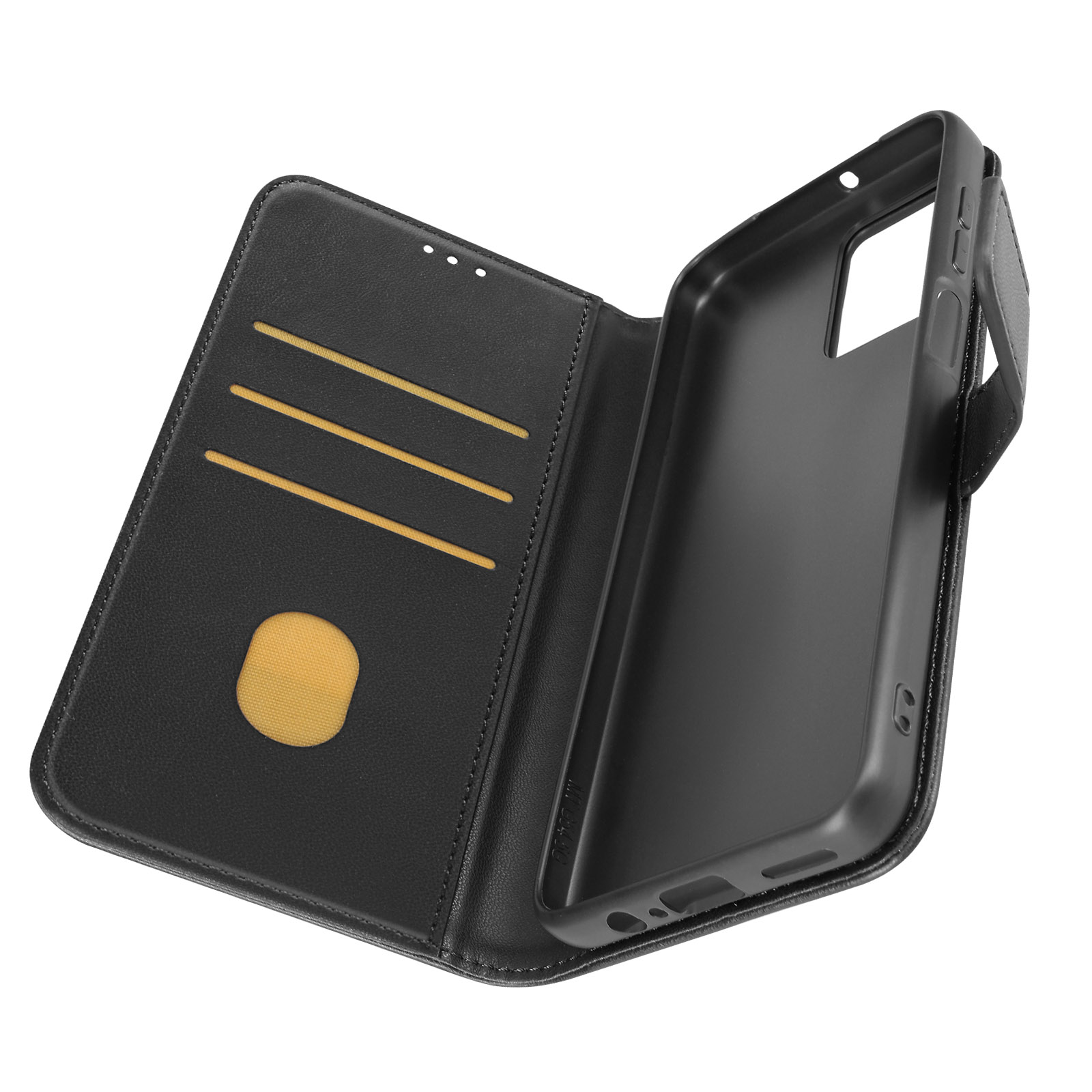 Schwarze Handyhülle, offen, zeigt Kartenfächer und einen gelben Bereich, mit schwarzem Telefonhalter.