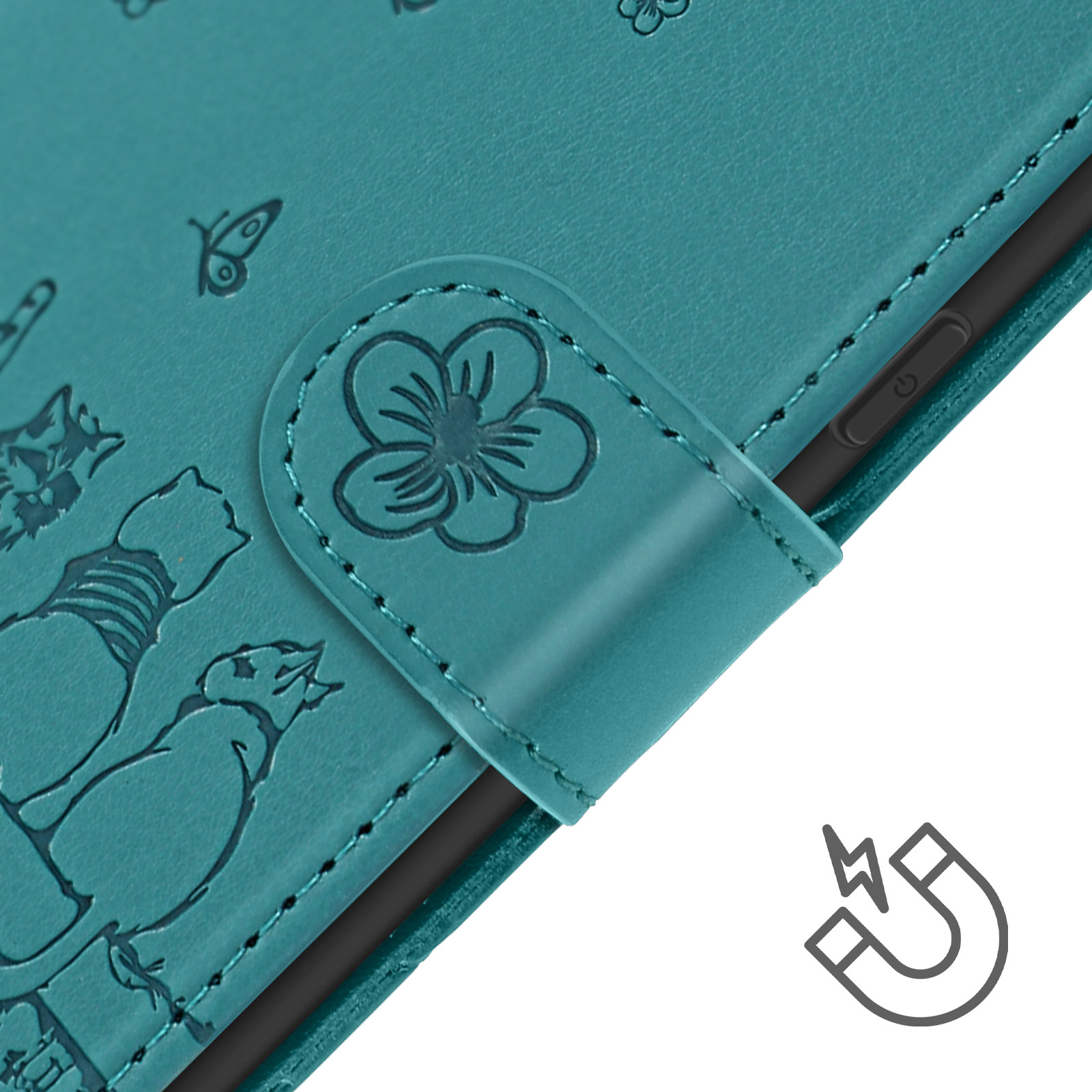 Türkisfarbene Handyhülle mit Blumen- und Vogelmotiven, Magnetverschluss und Power-Knopf.