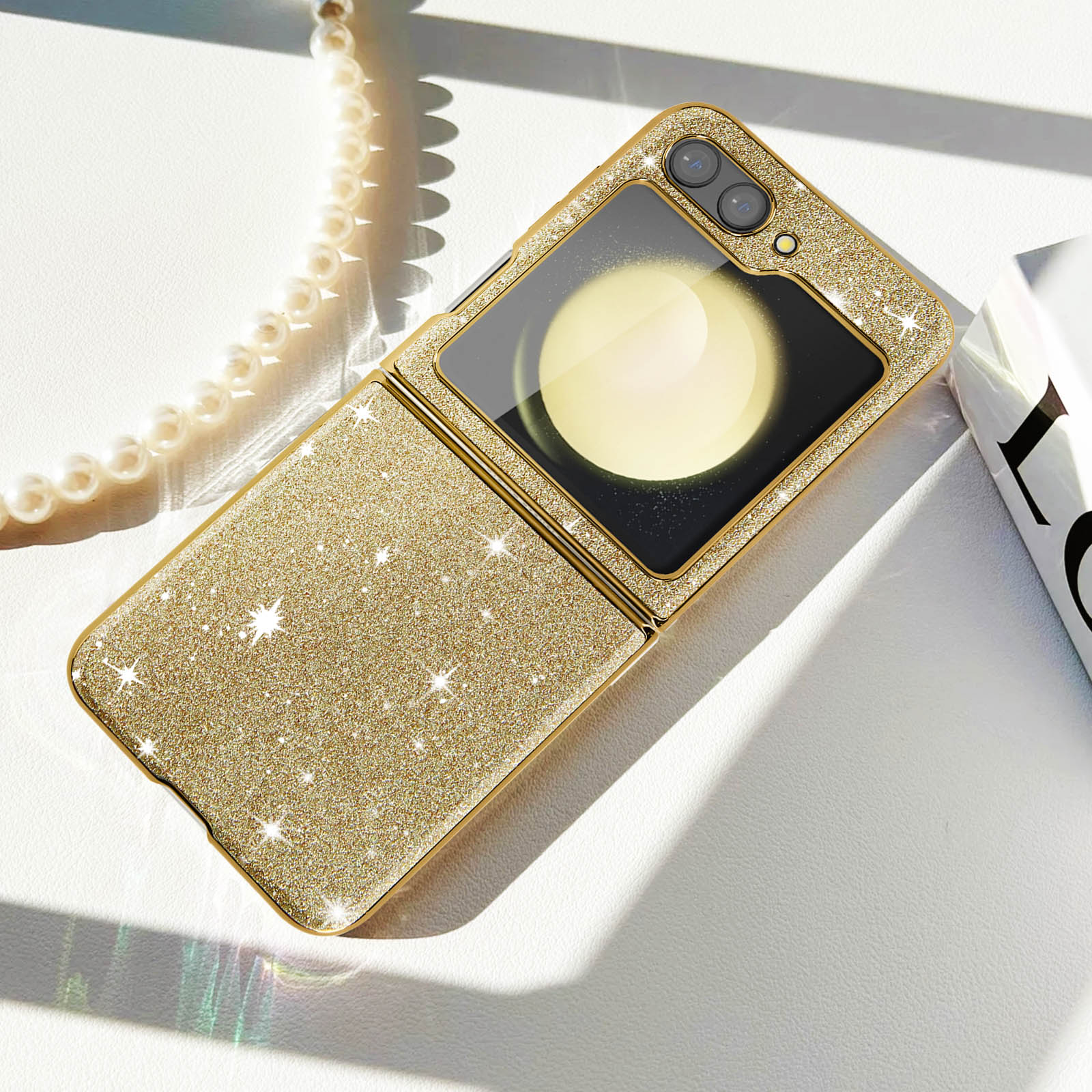 AVIZAR Glitter Case 5, Z Series, Gold Galaxy Backcover, Flip Samsung