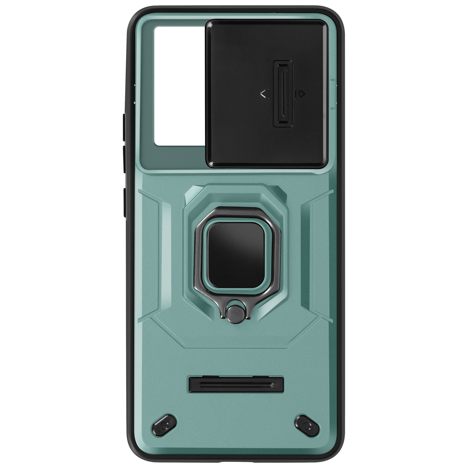 Custodia verde per telefono con copertura fotocamera, supporto ad anello e design robusto. È su sfondo bianco.