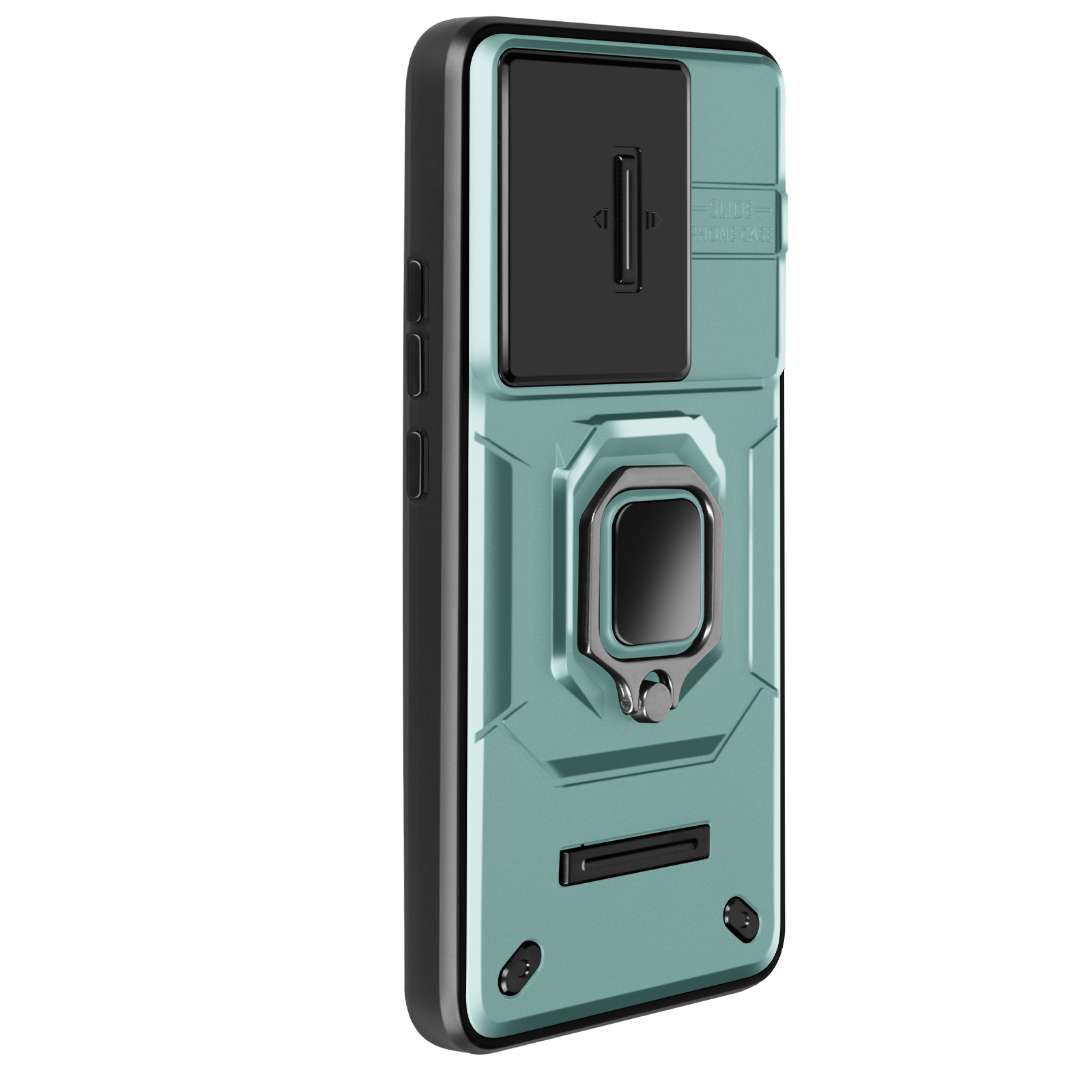 Una custodia per telefono color verde acqua con ritaglio per fotocamera e supporto ad anello.