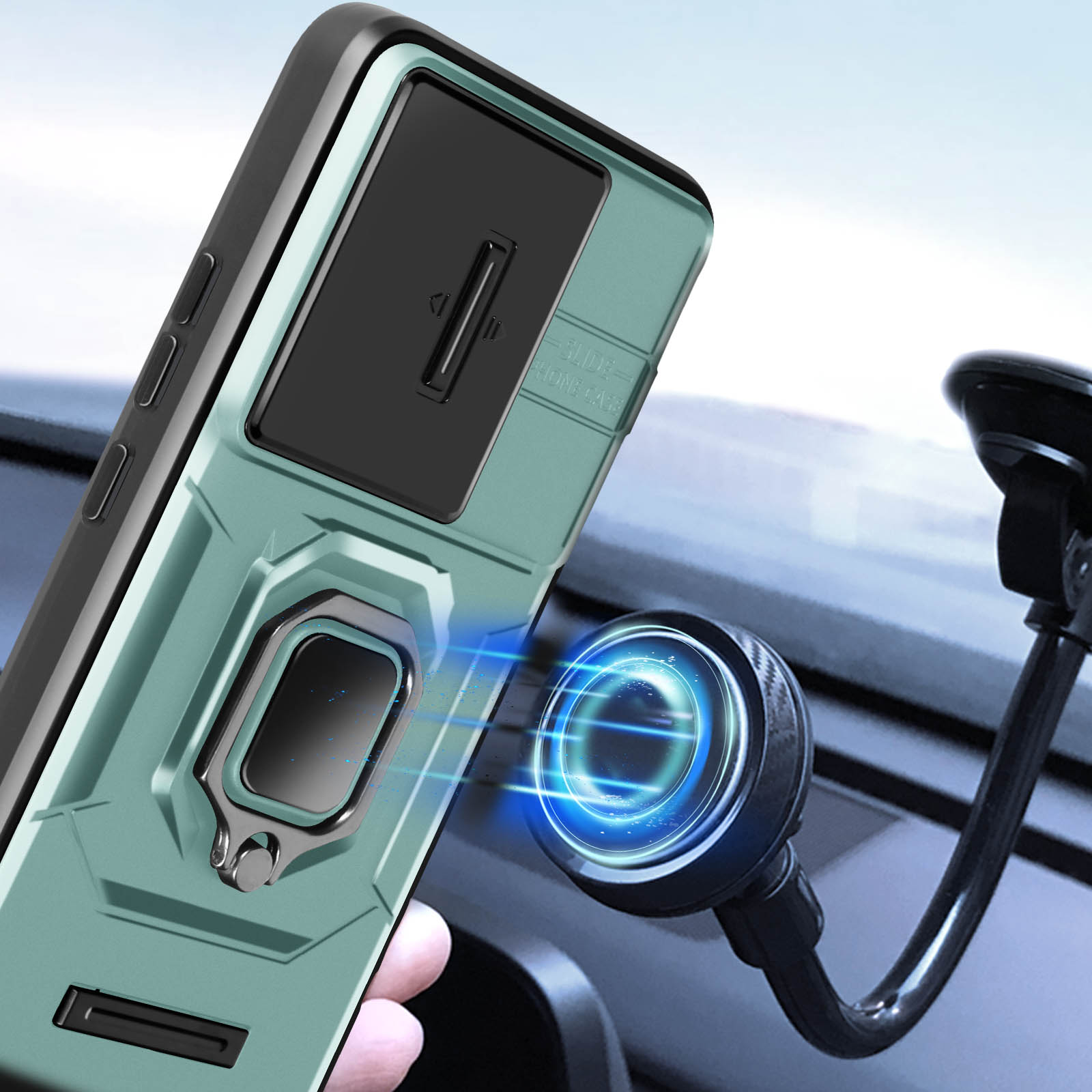 Una custodia per telefono con un anello di supporto attaccato al cruscotto di un'auto. La custodia è blu-verde.