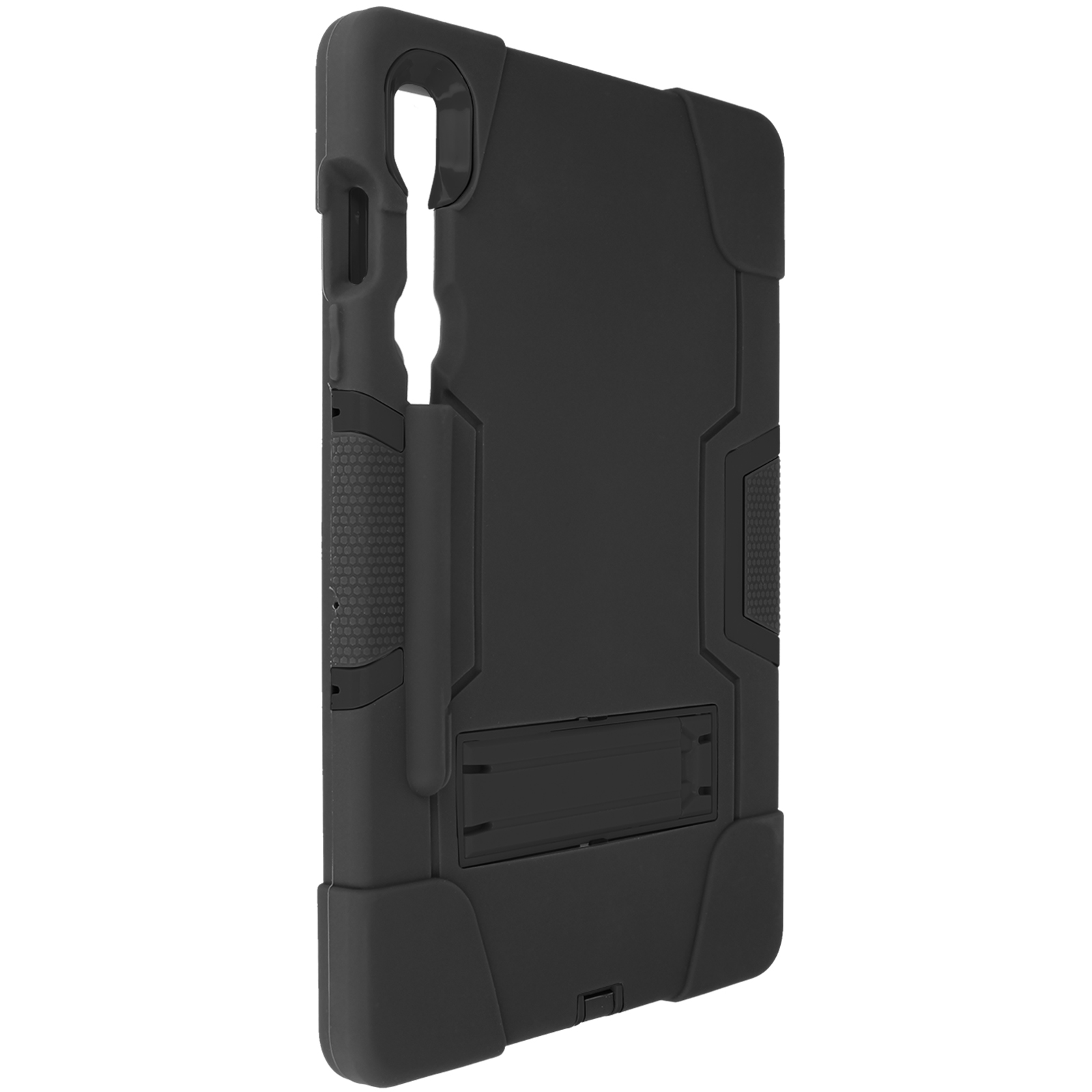 Schwarze Schutzhülle für ein Tablet mit Ständer auf weißer Oberfläche.