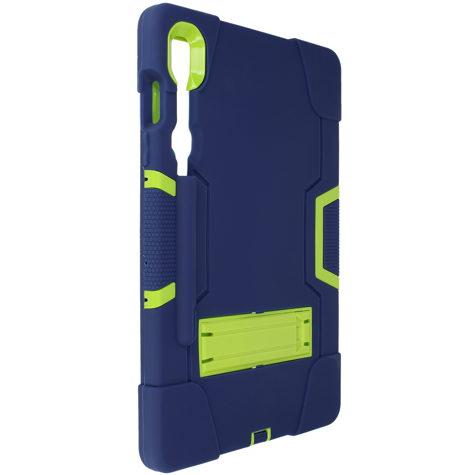 Blaue und grüne Tablethülle mit Ständer auf weißem Hintergrund. Die Hülle hat ein robustes Design.
