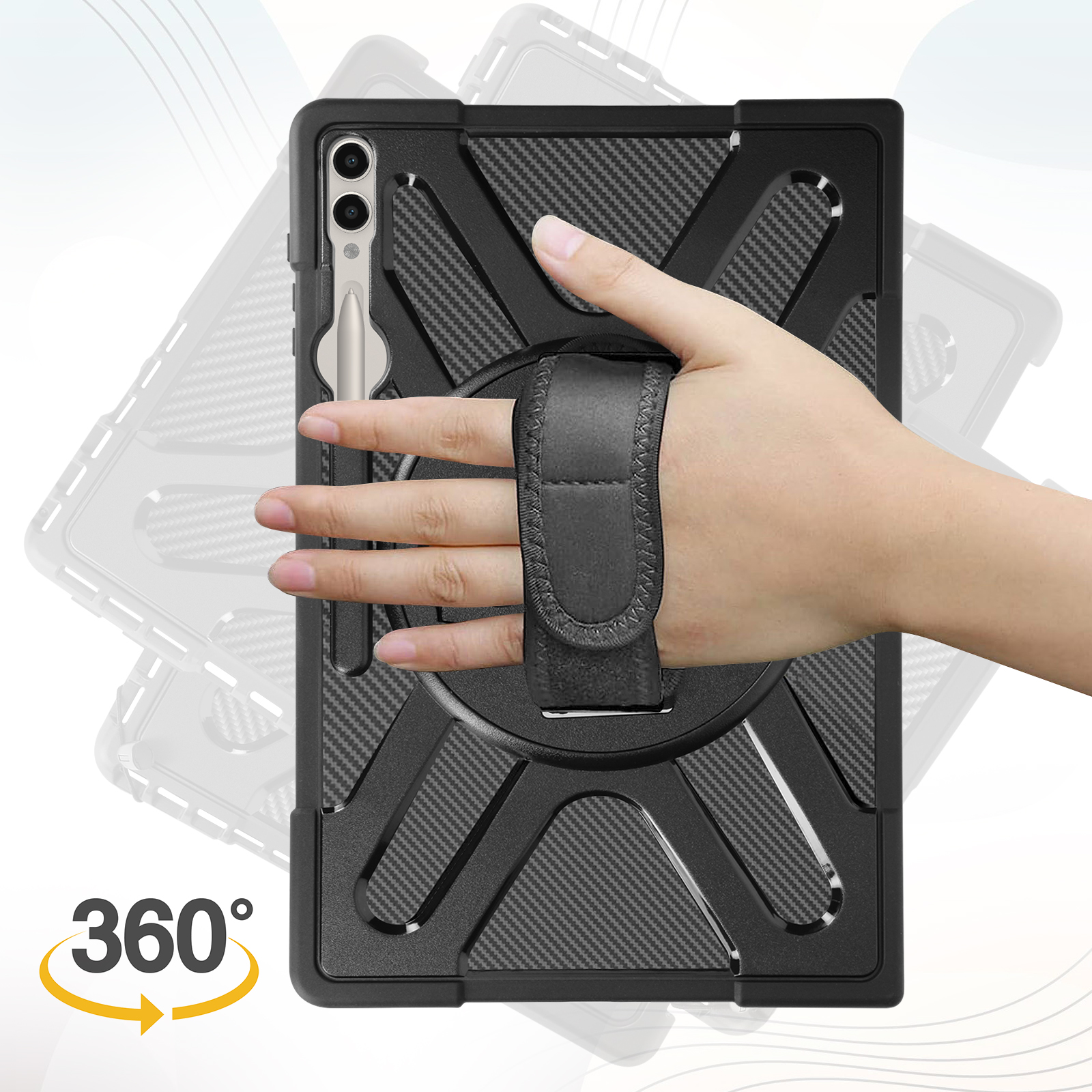 Hand hält Tablet in schwarzer Hülle mit Handschlaufe. 360-Grad-Drehung ist angegeben.