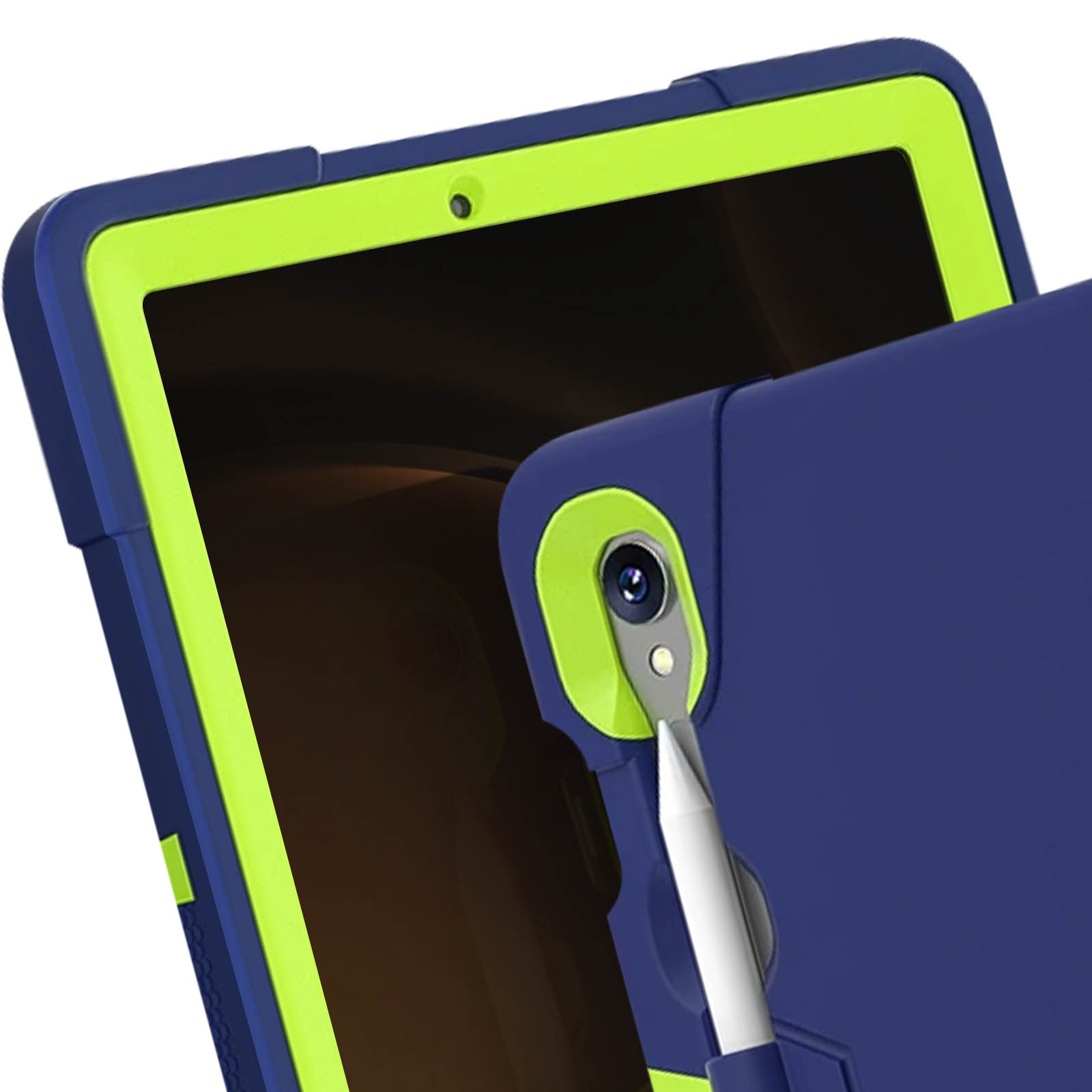 Nahaufnahme eines Tablets mit blauem Rahmen und grünen Akzenten, ein Stift zeigt darauf.