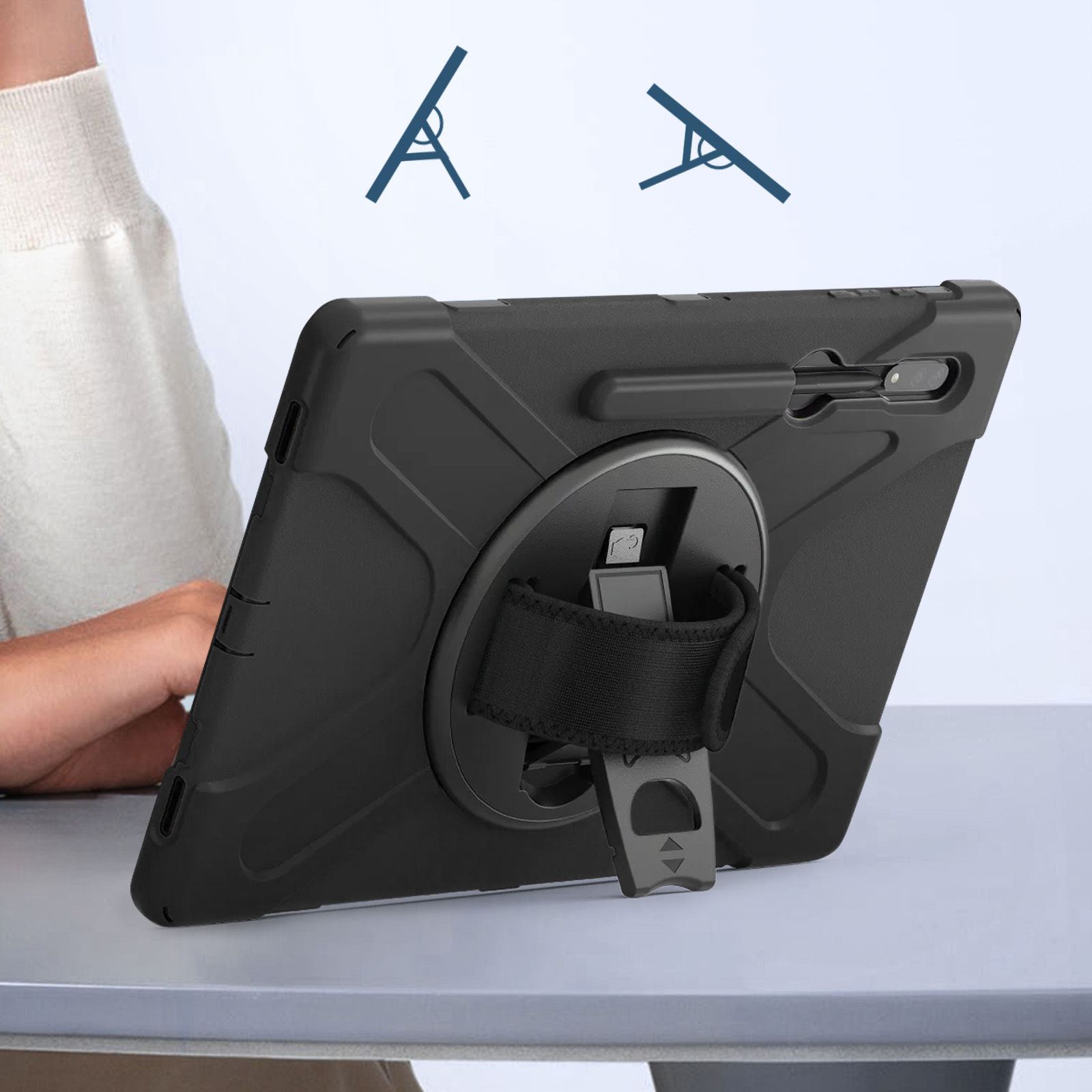 Tablet in schwarzer Hülle mit Handschlaufe. Zwei Winkelsymbole über dem Tablet.