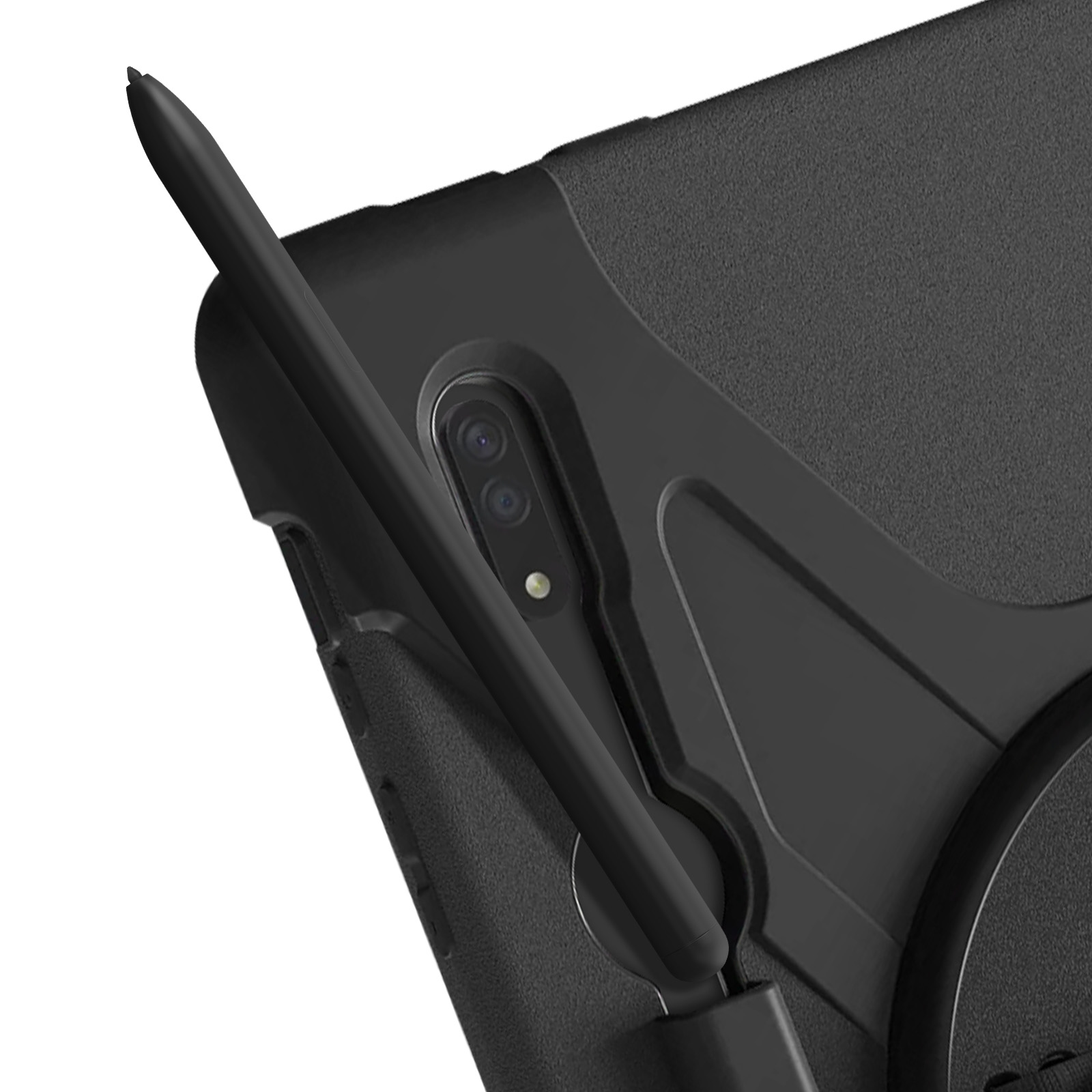 Ein schwarzes Tablet mit einem an der Rückseite befestigten Stift. Die Kamera ist sichtbar.