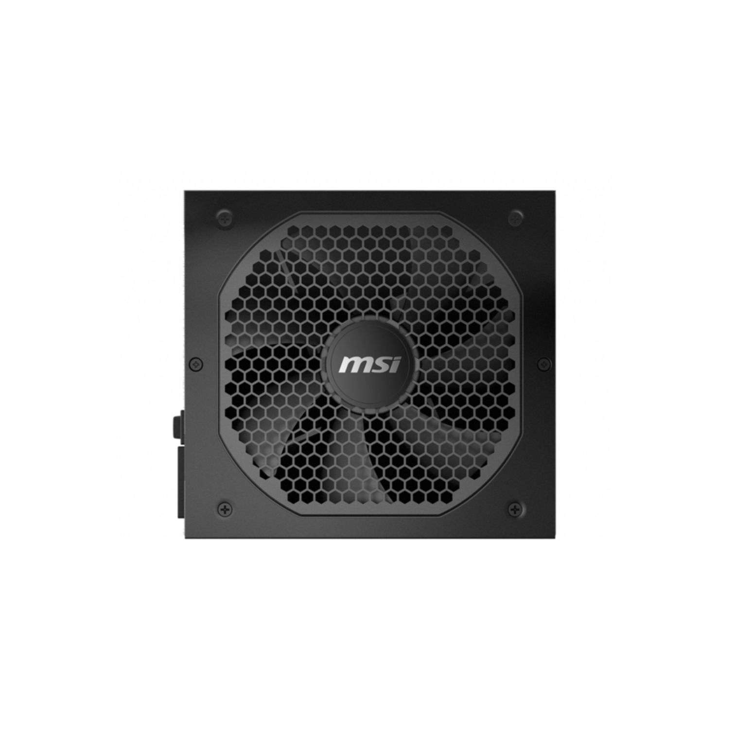 Un alimentatore nero con il logo MSI e una griglia a nido d'ape.