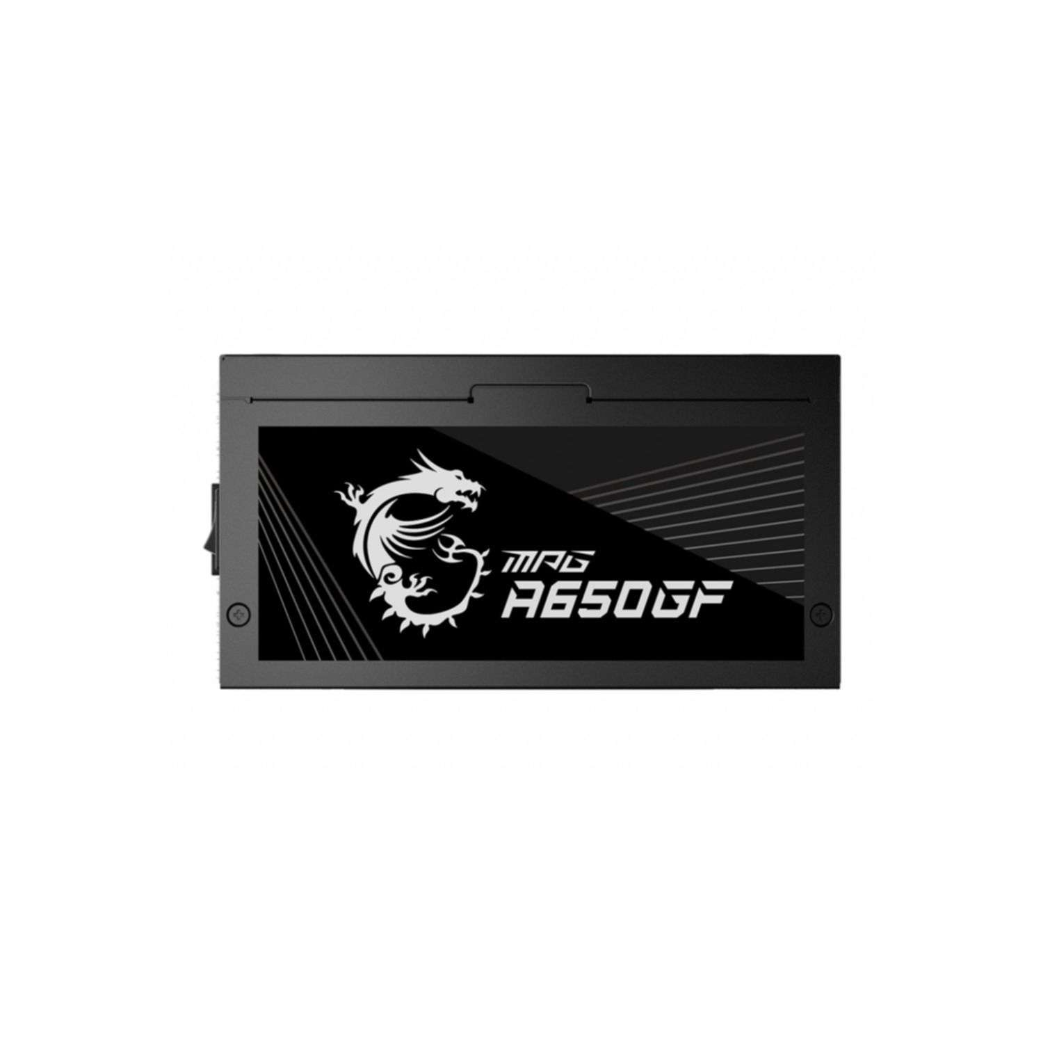Alimentatore MSI MAG A650GF nero. Il logo è visibile, con testo sulla parte anteriore.