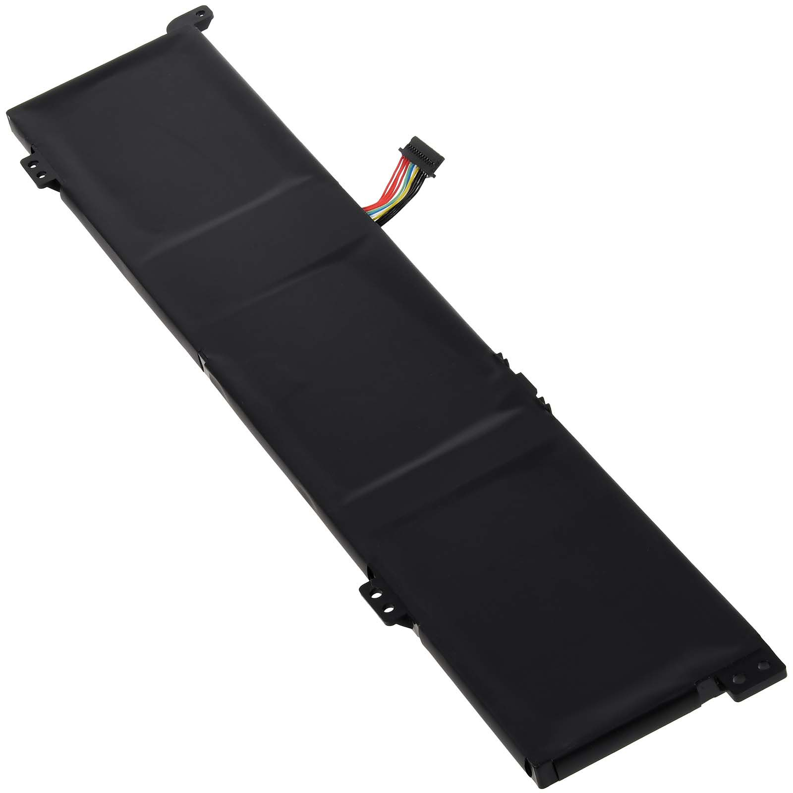 Schwarzer Laptop-Akku mit mehrfarbigem Kabelanschluss.