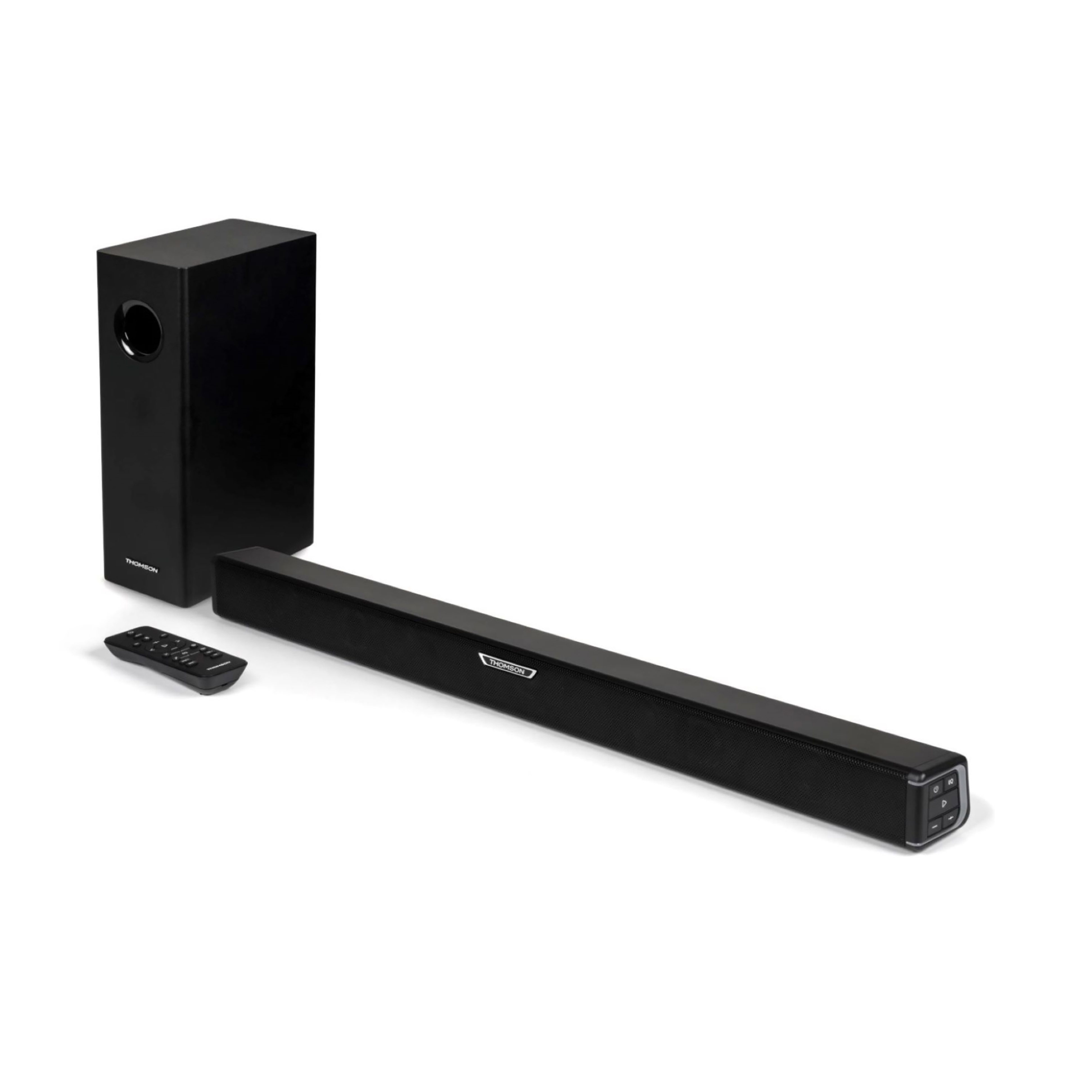 Czarny soundbar, subwoofer i pilot na białym tle. Soundbar ma nazwę marki.