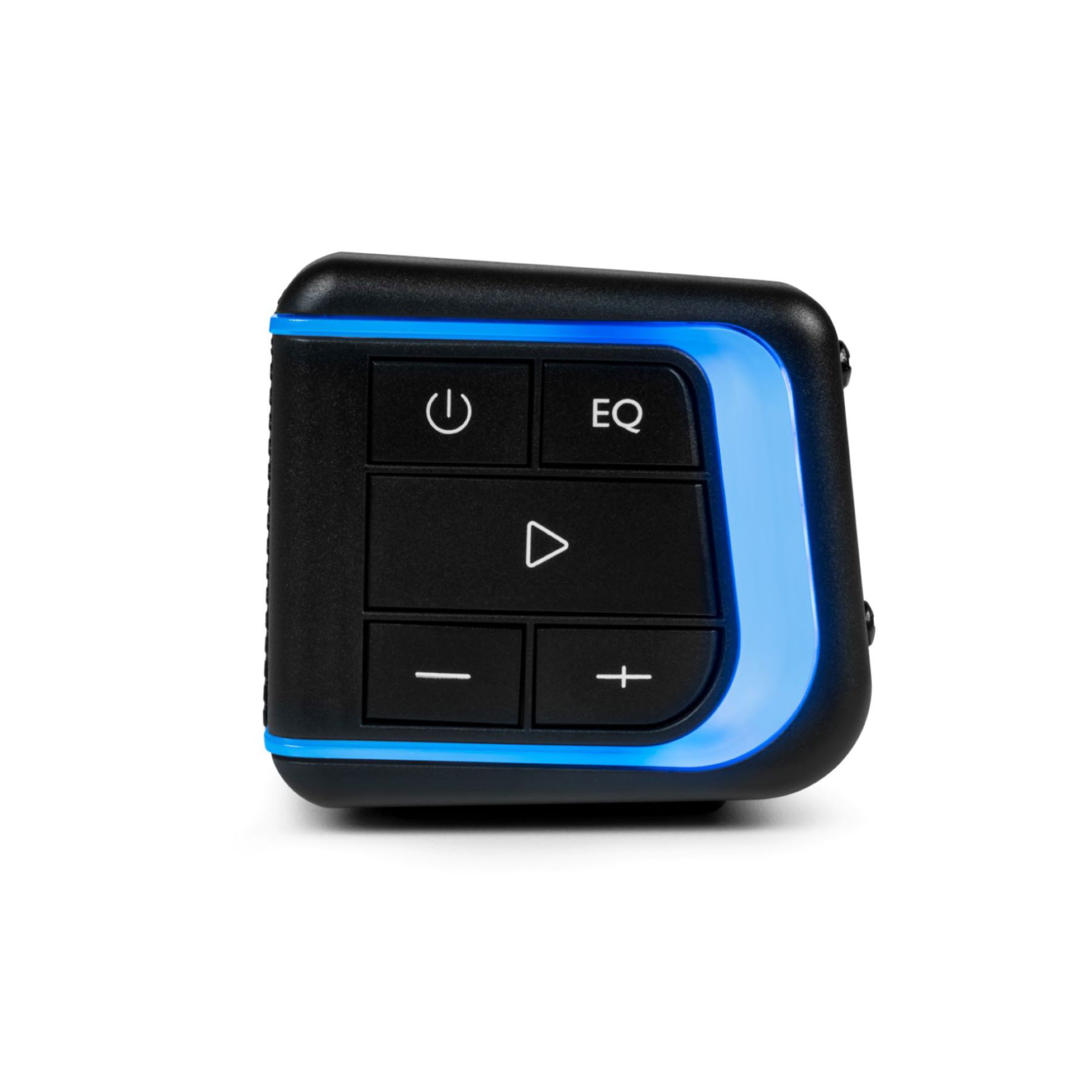 Czarny głośnik z niebieskim wykończeniem i przyciskami sterowania: zasilanie, EQ, odtwarzanie, głośność.