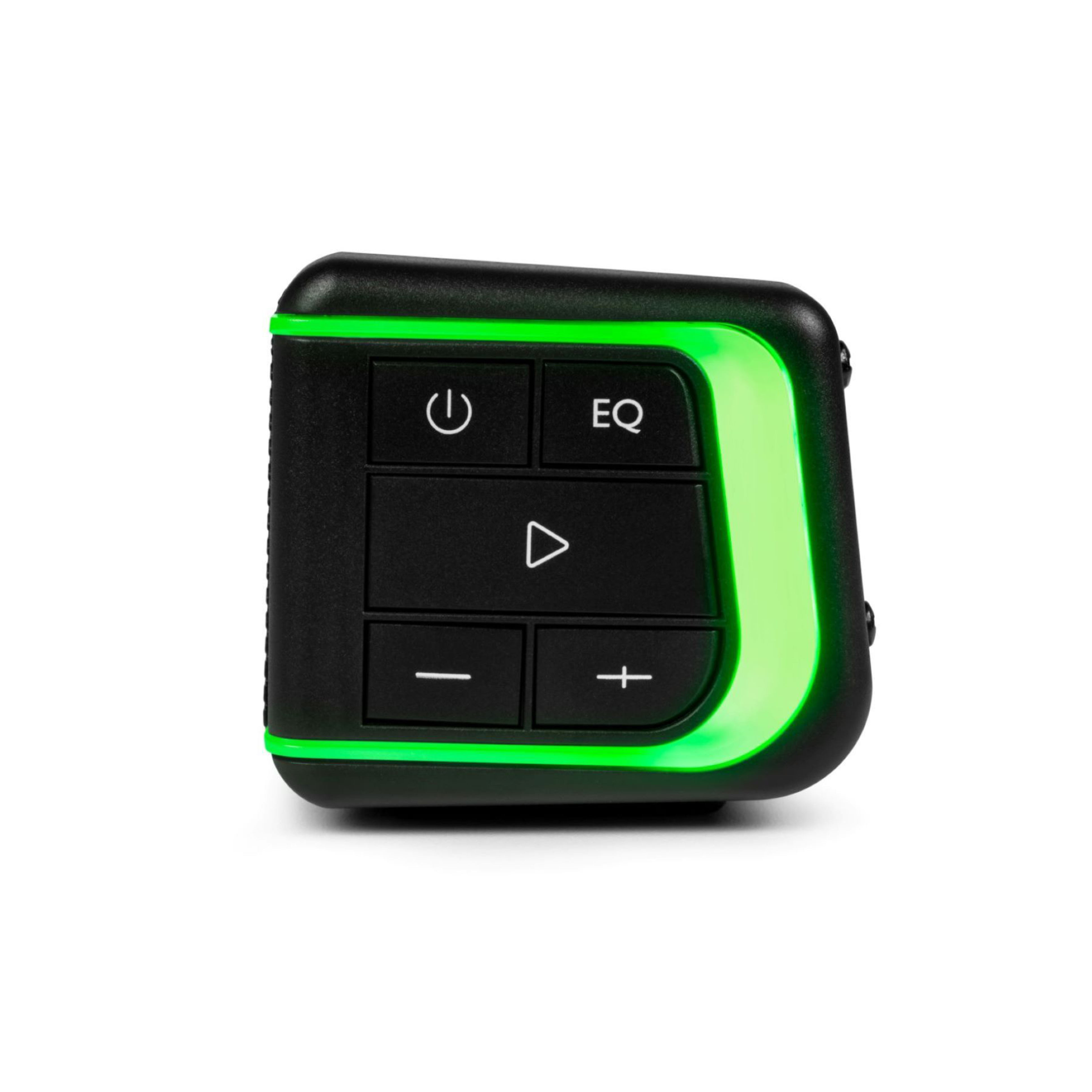 Czarny głośnik z zielonymi światłami. Tło jest białe.