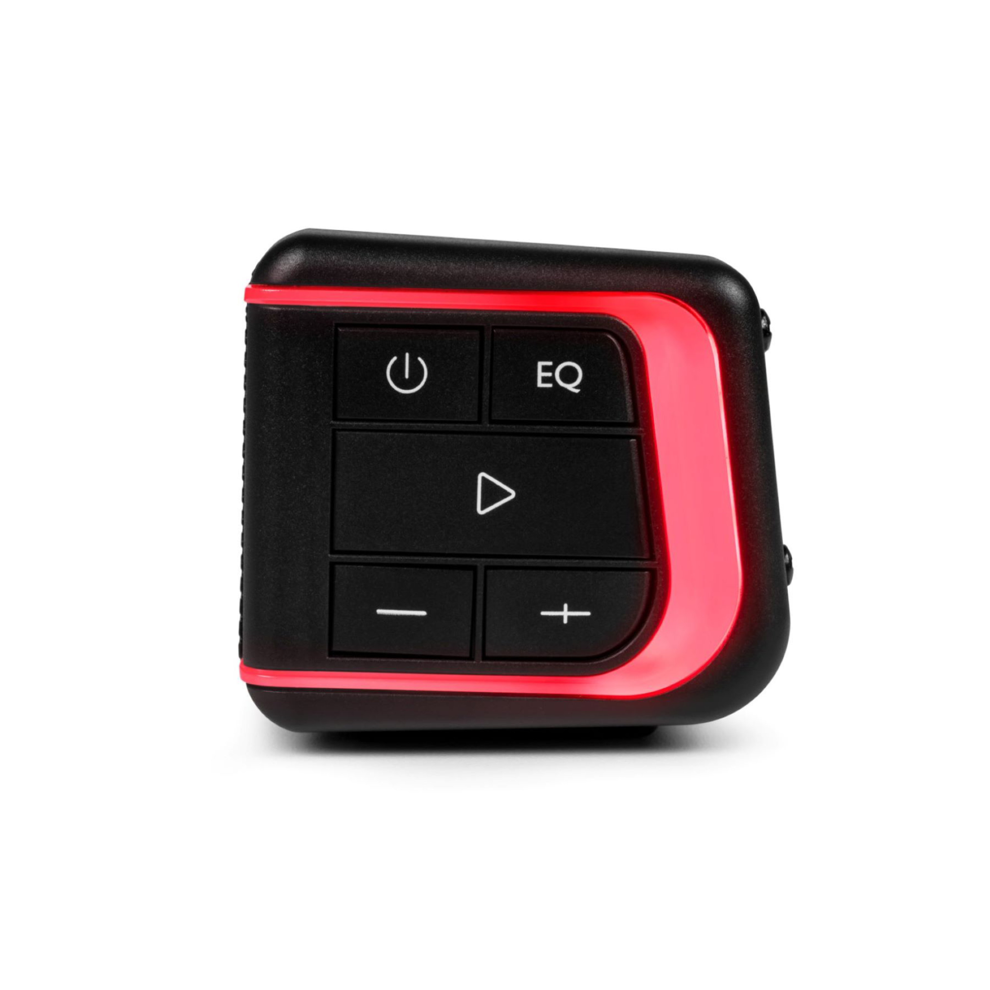 Czarno-czerwone urządzenie z przyciskami. Pokazuje elementy sterowania zasilaniem, EQ, odtwarzaniem i głośnością. Białe tło.
