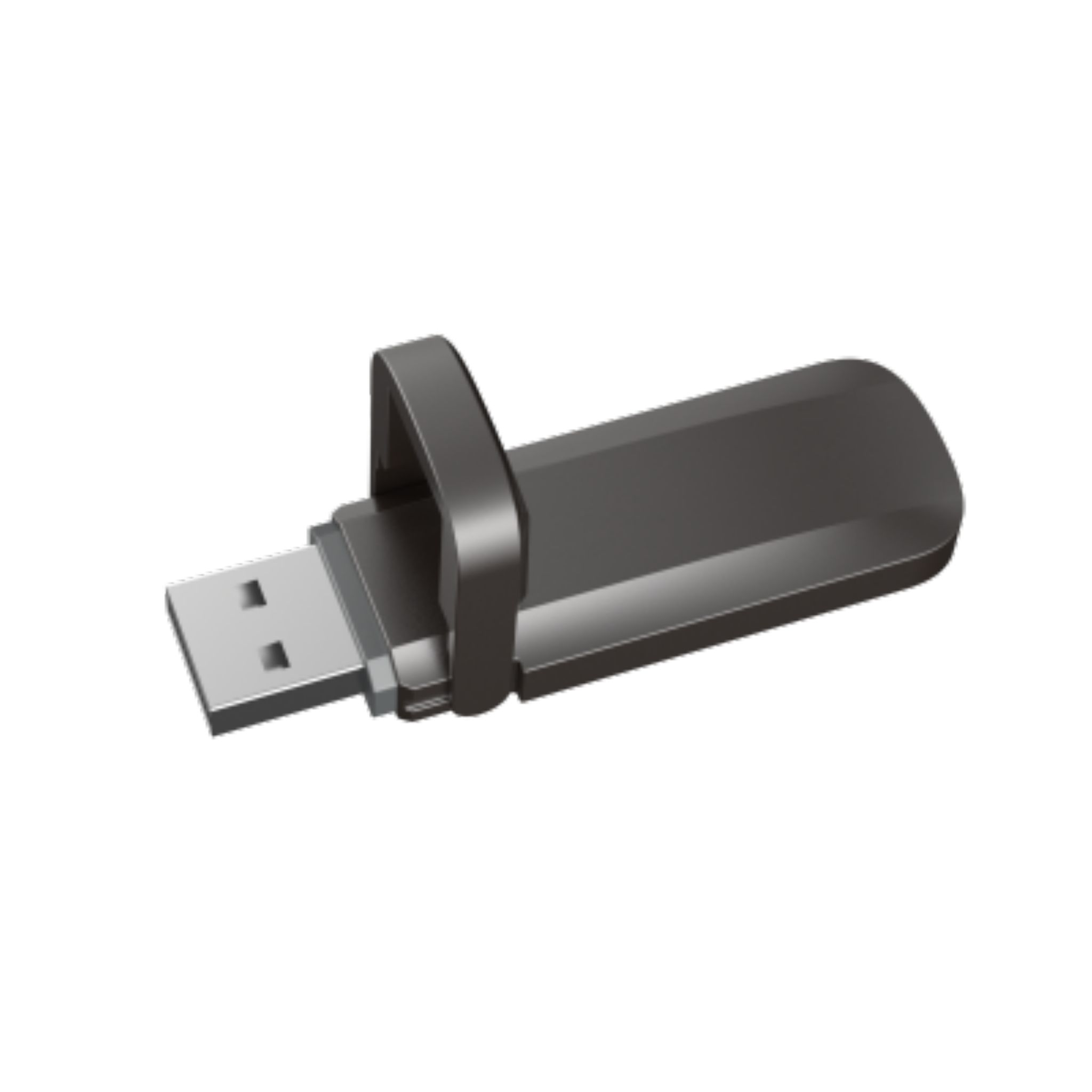 Ein dunkelgrauer USB-Stick mit einer kleinen Schlaufe am Ende zum Anbringen an einem Schlüsselanhänger.