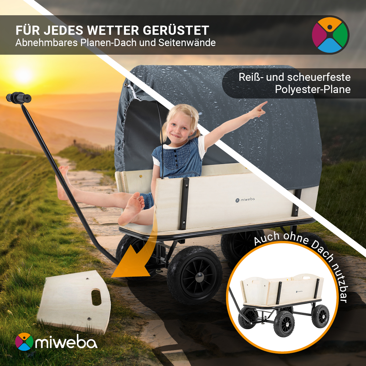 Ein Mädchen im Wagen, abnehmbares Dach. Mädchen zeigt auf den Wagen, auch ohne Dach nutzbar.