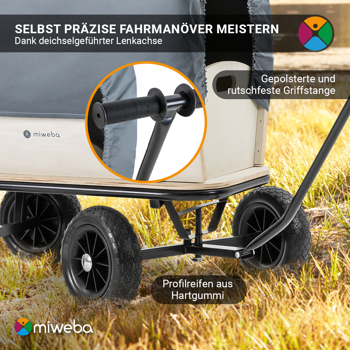 Nahaufnahme eines Miweba-Wagens, mit Griff und schwarzen Rädern auf Gras. Text: 'Selbst präzise Fahrmanöver'.