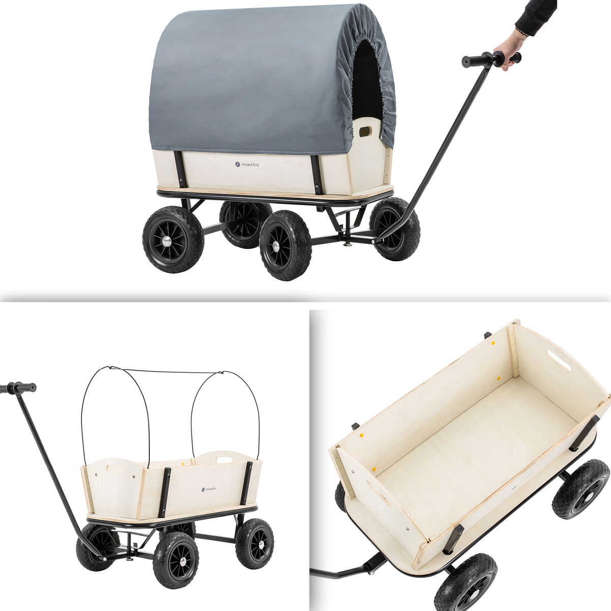 Ein Kinderwagen in drei Ansichten: mit Verdeck, ohne Verdeck und von oben.