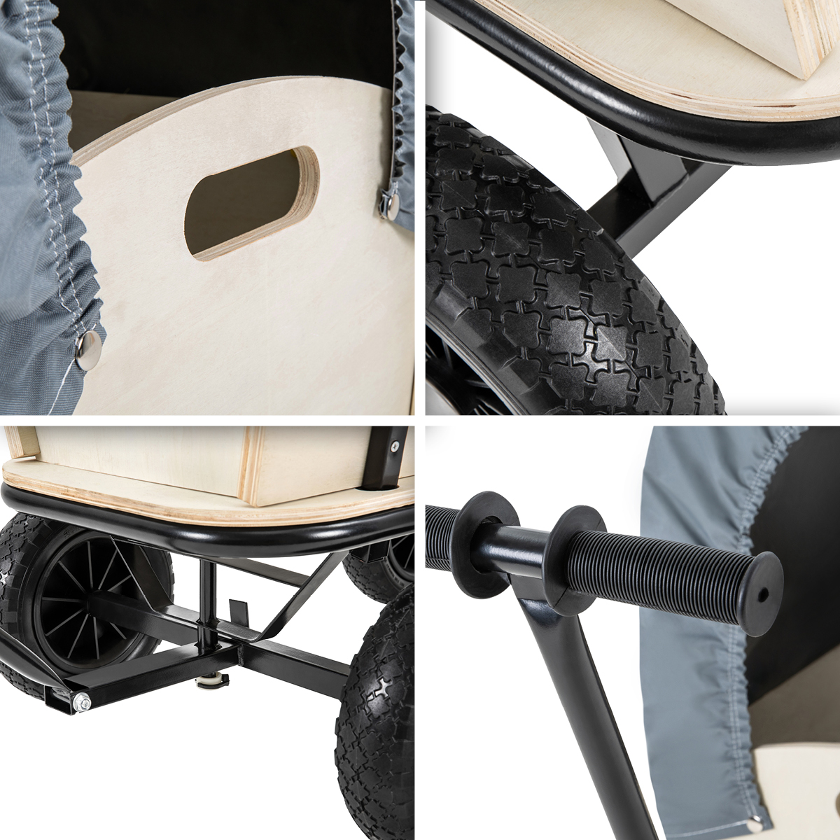 Nahaufnahme eines Wagens mit Details von Rädern, Holzinterieur und Griff.