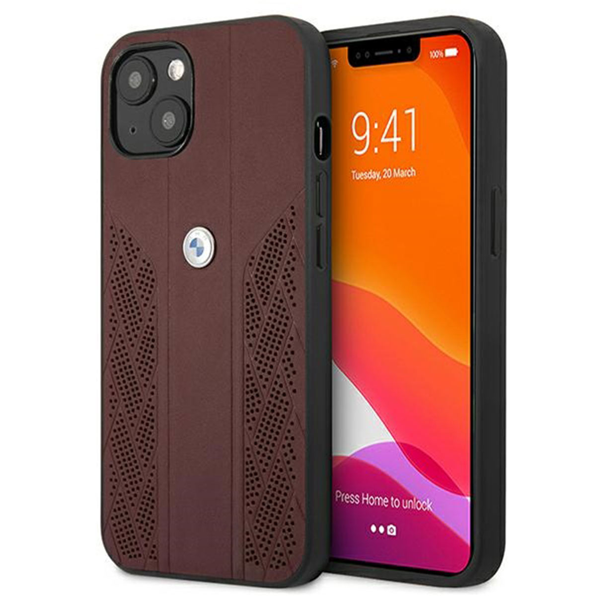 Ein braunes iPhone in einer braunen und schwarzen Hülle. Das Telefon zeigt die Uhrzeit und den Startbildschirm.