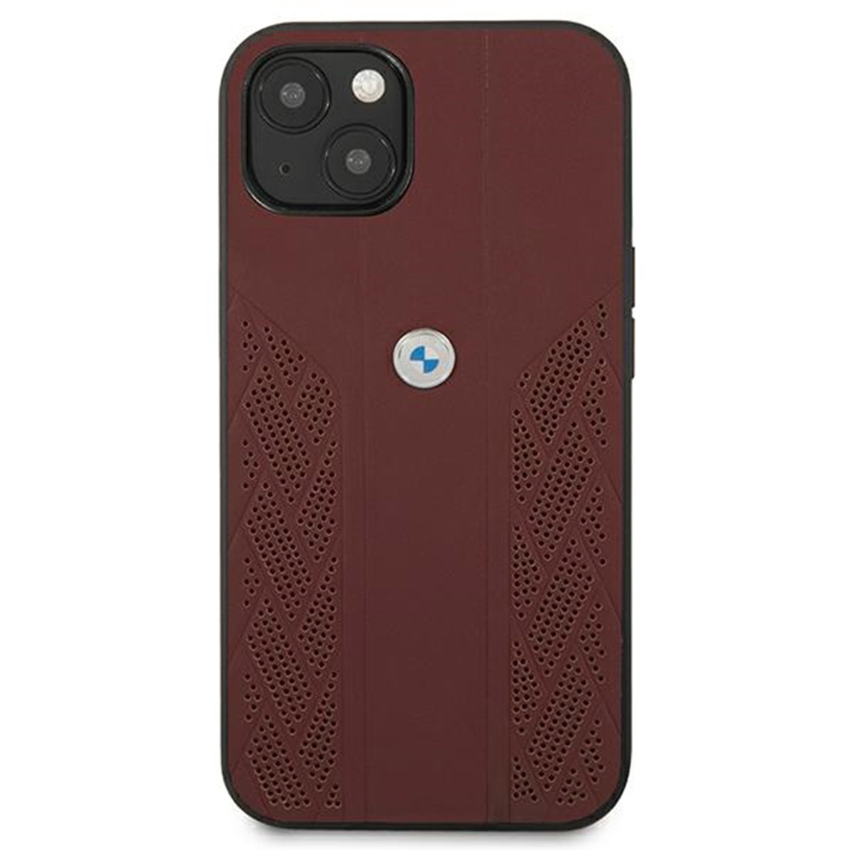 Eine weinrote Handyhülle mit BMW-Logo und Kameraausschnitt. Die Hülle bedeckt ein Telefon.