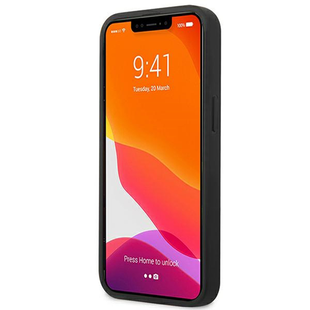 Ein iPhone in einer schwarzen Hülle, das den Bildschirm mit Uhrzeit und Datum zeigt.