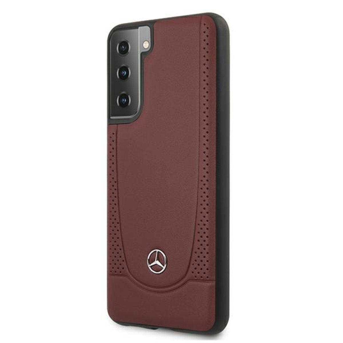 Custodia bordeaux per telefono con logo Mercedes. Con ritaglio per fotocamera e design laterale perforato.