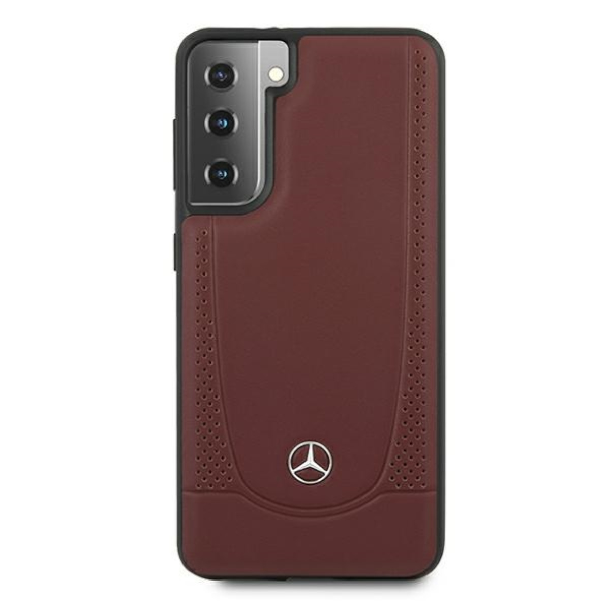 Una custodia per telefono bordeaux con un logo Mercedes. La custodia è su sfondo nero.