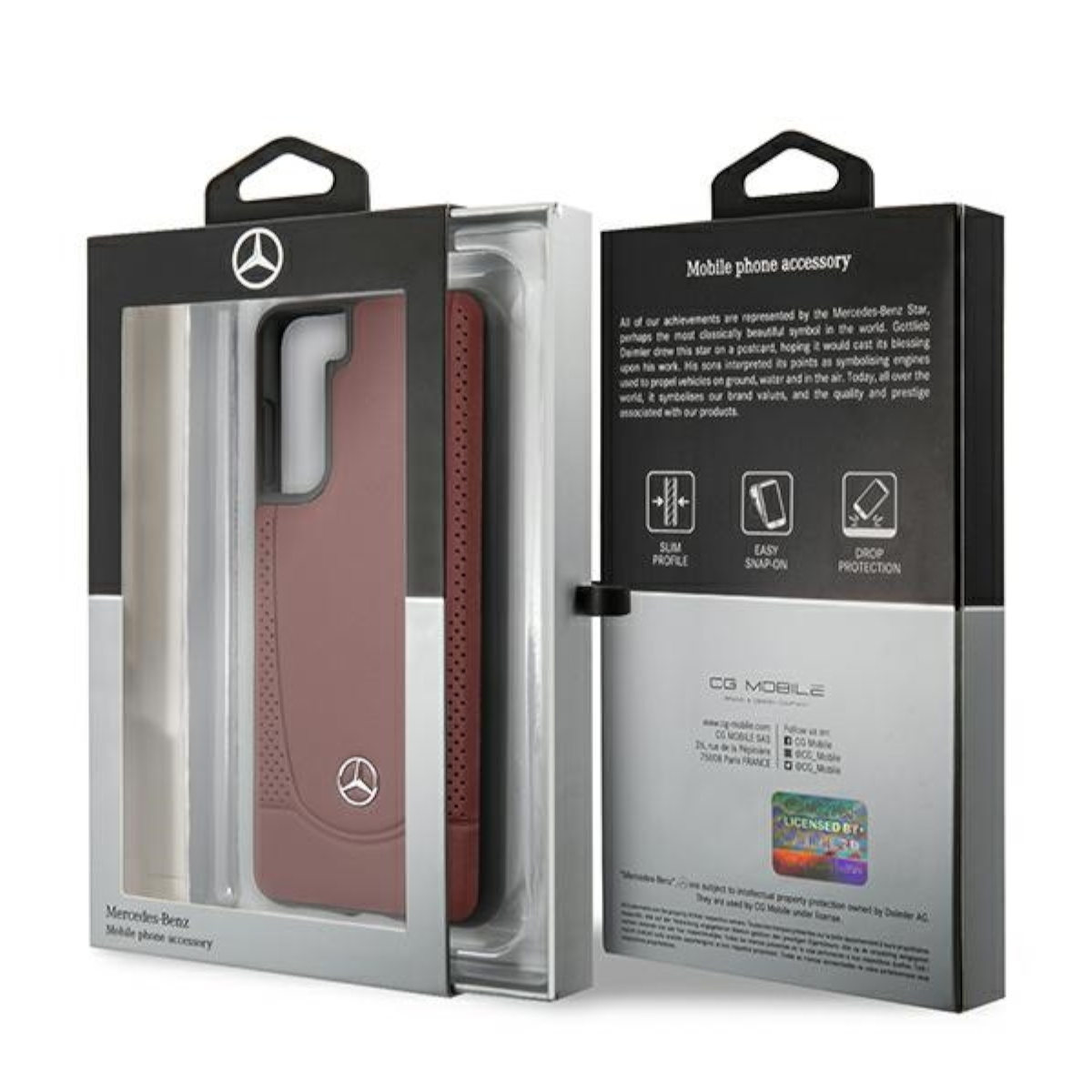 Custodia per telefono Mercedes-Benz in una scatola. Testo: Accessorio per cellulare.