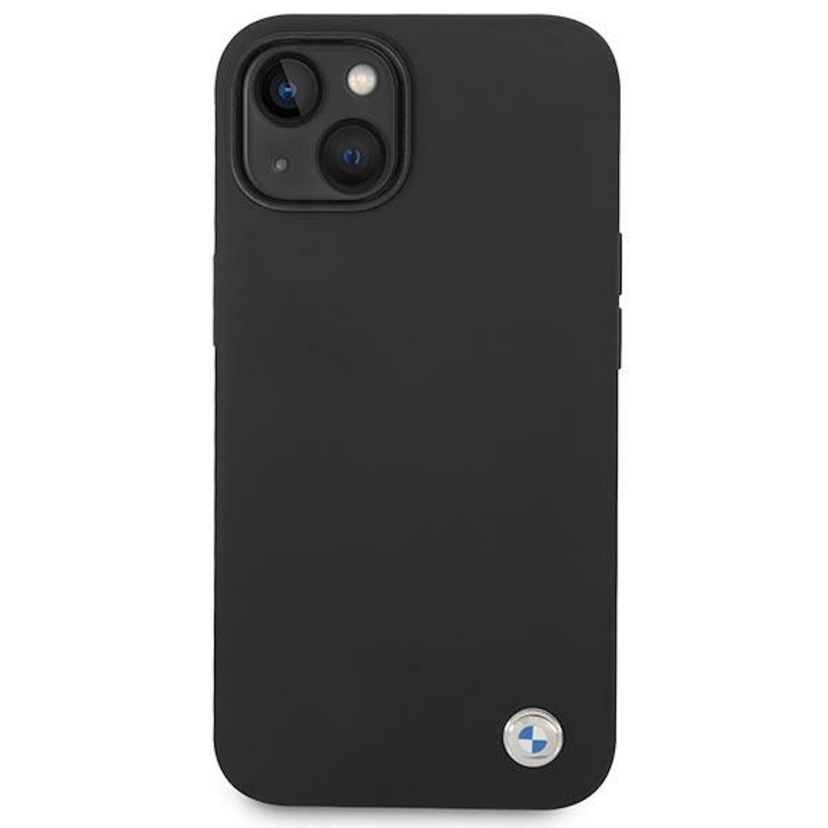 Custodia per telefono nera con ritagli per fotocamera. La custodia ha il logo BMW.