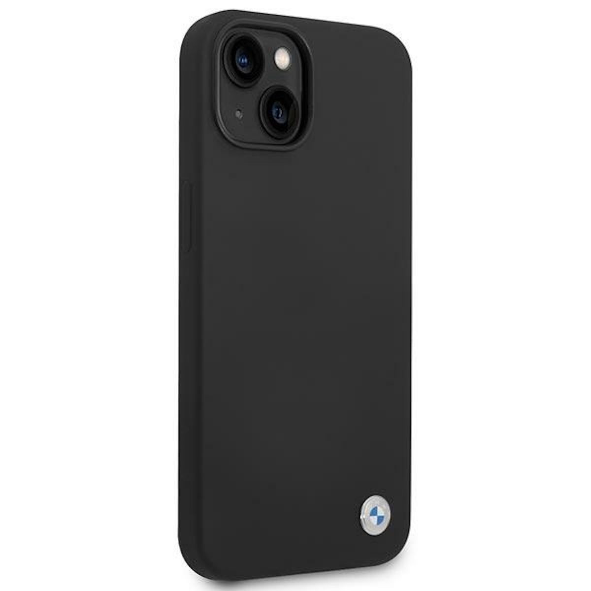 Una custodia per telefono nera con logo BMW. La custodia è elegante e il logo è un piccolo emblema circolare.