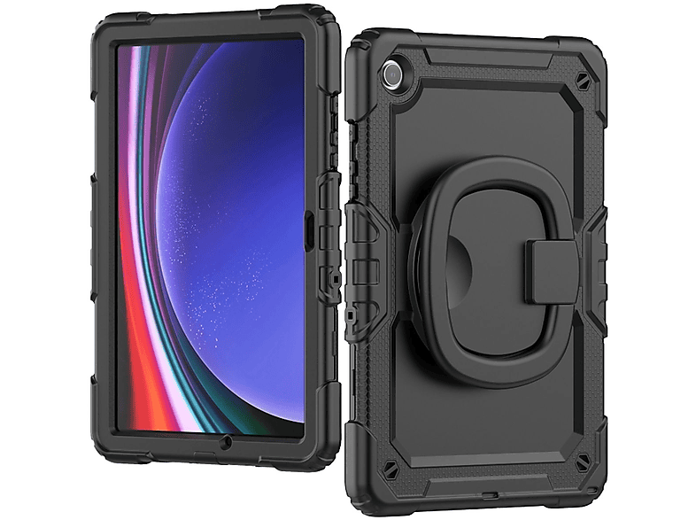 Schwarz Outdoor Hybrid Samsung Hülle mit / WIGENTO Backcover Tablethülle Kunststoff für aufstellbar Silikon, und Haltering Schultergurt