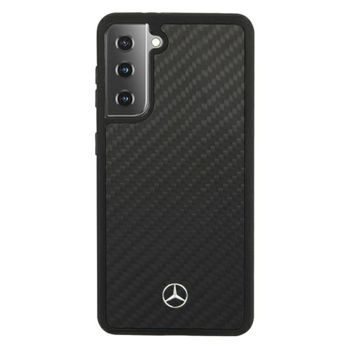 Custodia nera per telefono con trama in fibra di carbonio e logo Mercedes.