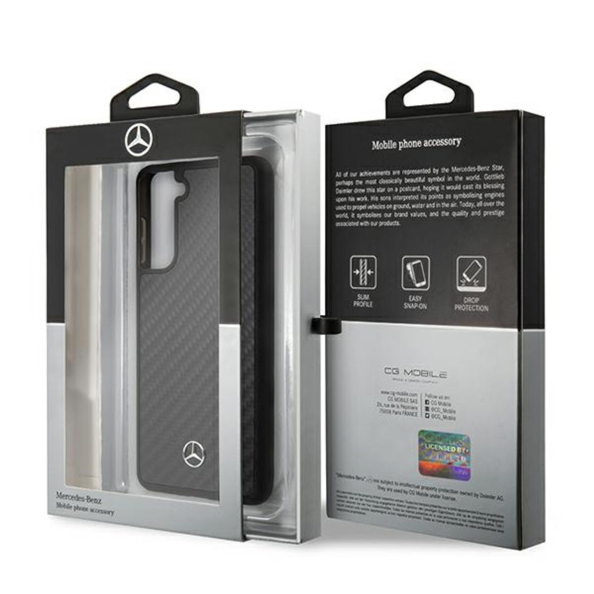 Scatola per custodia del telefono, Mercedes-Benz. La custodia nera con il logo è dentro.