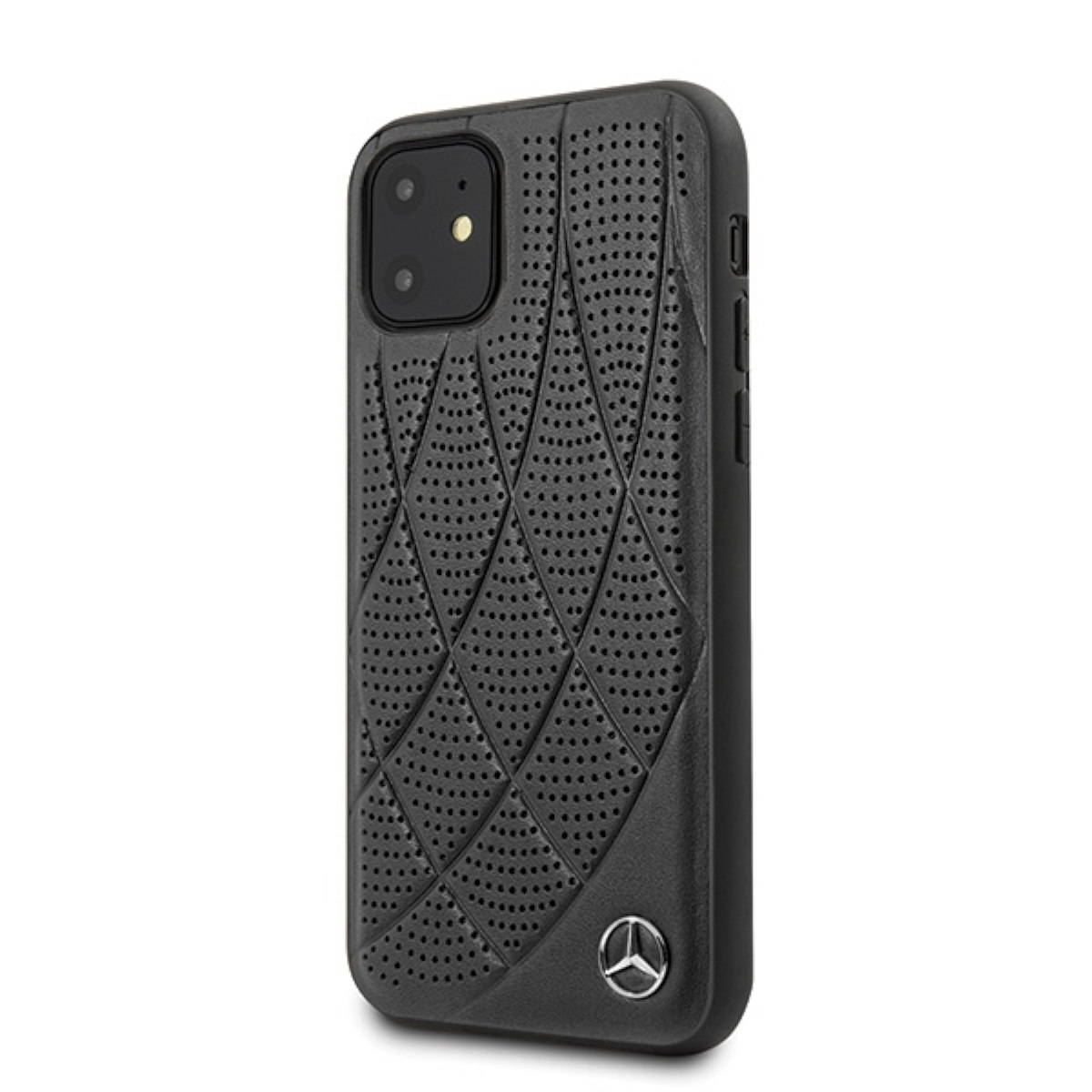 Una custodia per telefono nera con il logo Mercedes-Benz. La custodia è strutturata e ha un ritaglio per la fotocamera.