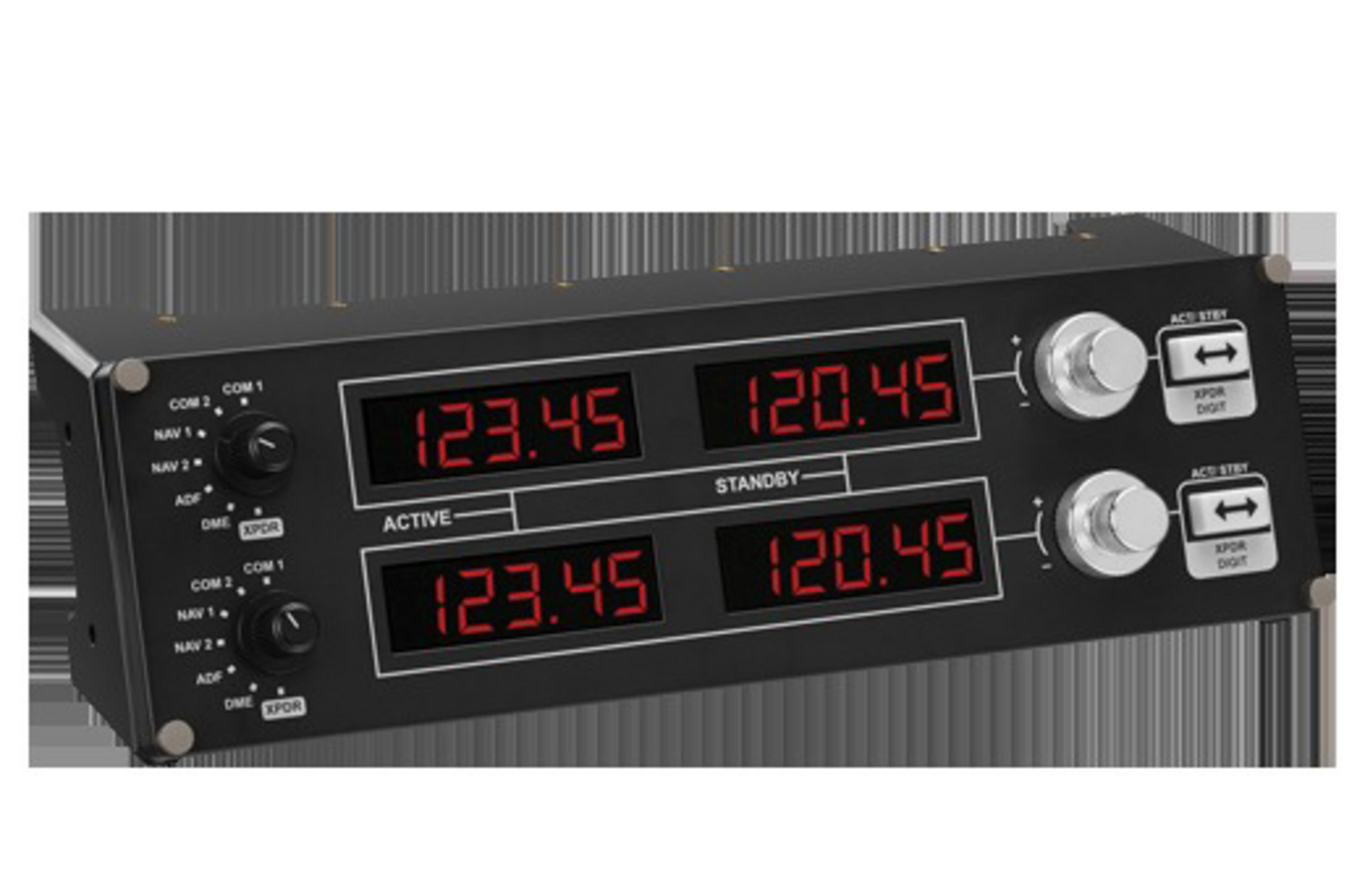 Un panneau radio d'aviation noir avec des affichages numériques et des boutons. Fond blanc.