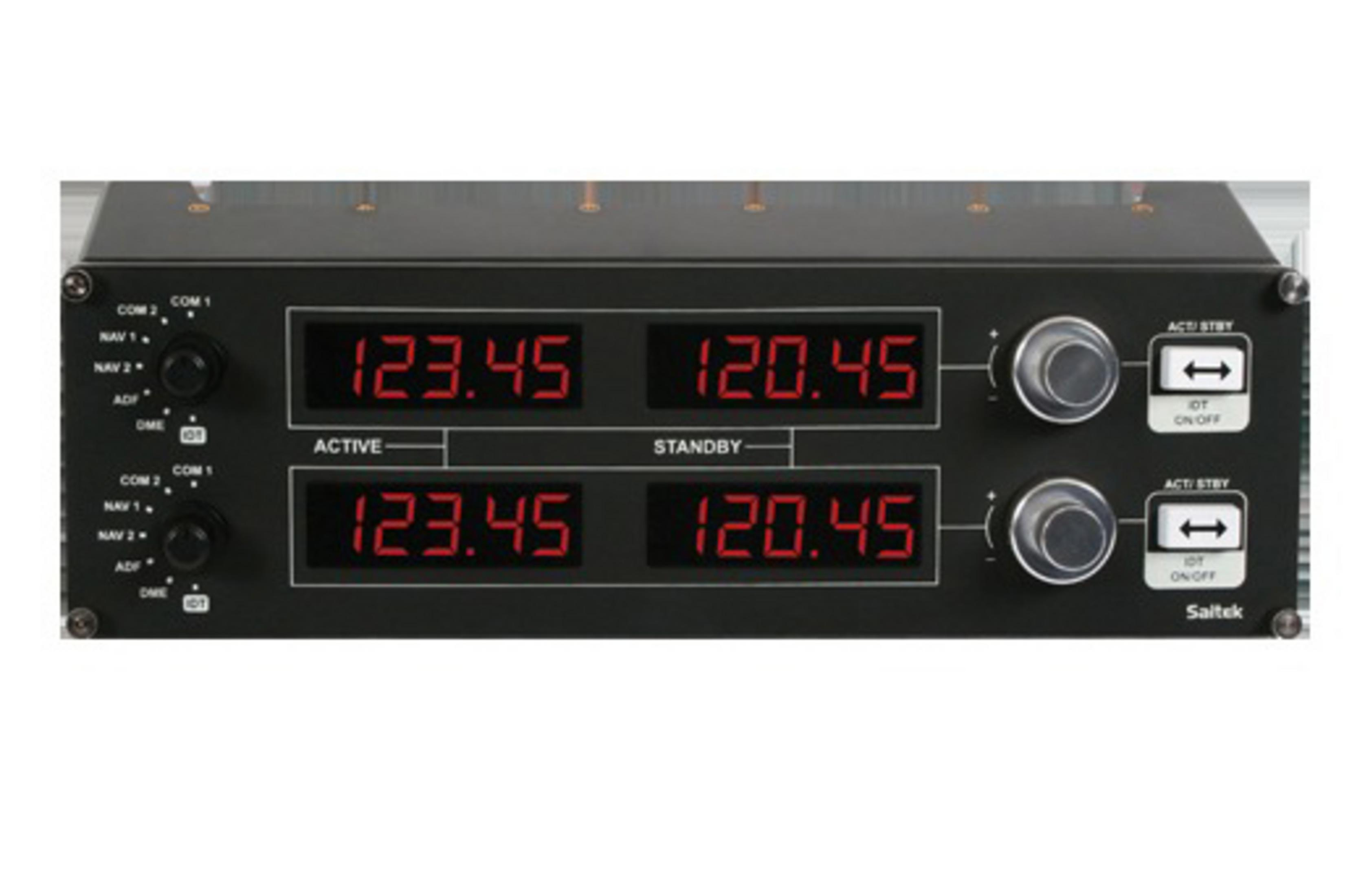 Panneau radio d'avion noir avec affichages numériques. Affiche des chiffres, des boutons et des commandes.