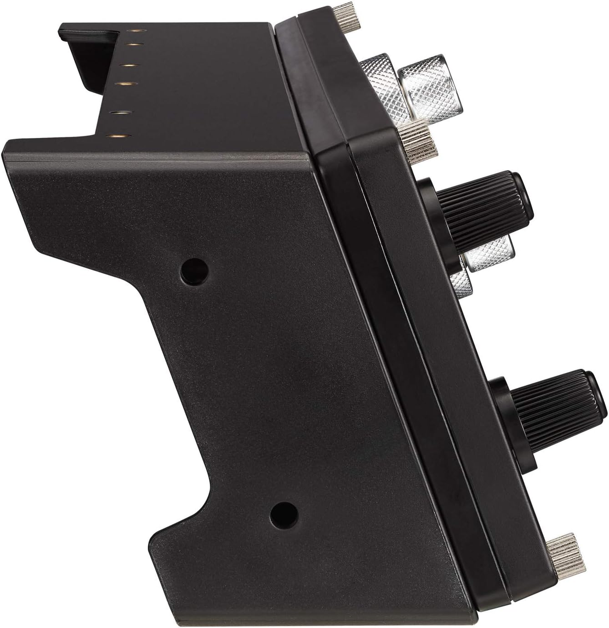 Vue latérale d'une table de mixage audio noire, avec boutons et poignée latérale, isolée sur fond blanc.