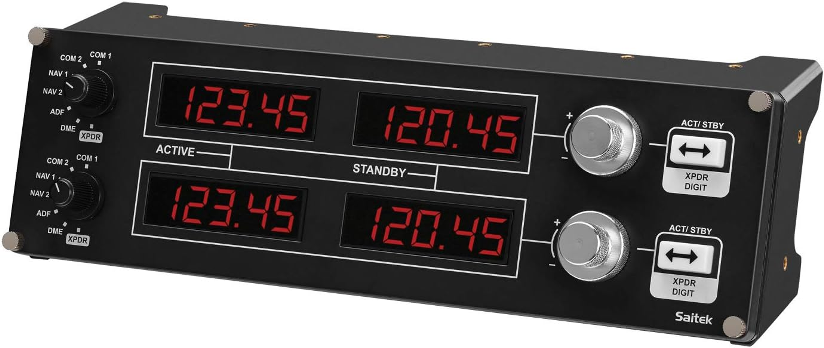 Panneau d'instruments de cockpit noir avec affichages numériques. Affiche des chiffres, des boutons et des boutons. Logo Saitek.