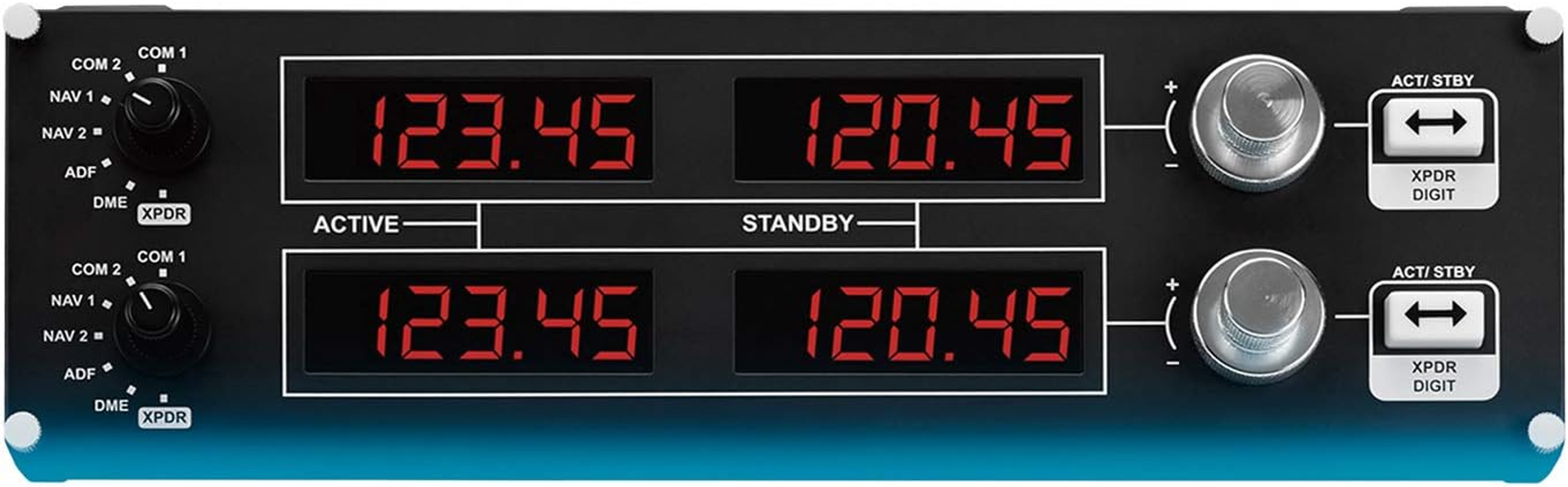Panneau radio d'aviation avec deux écrans. Les affichages sont numériques.