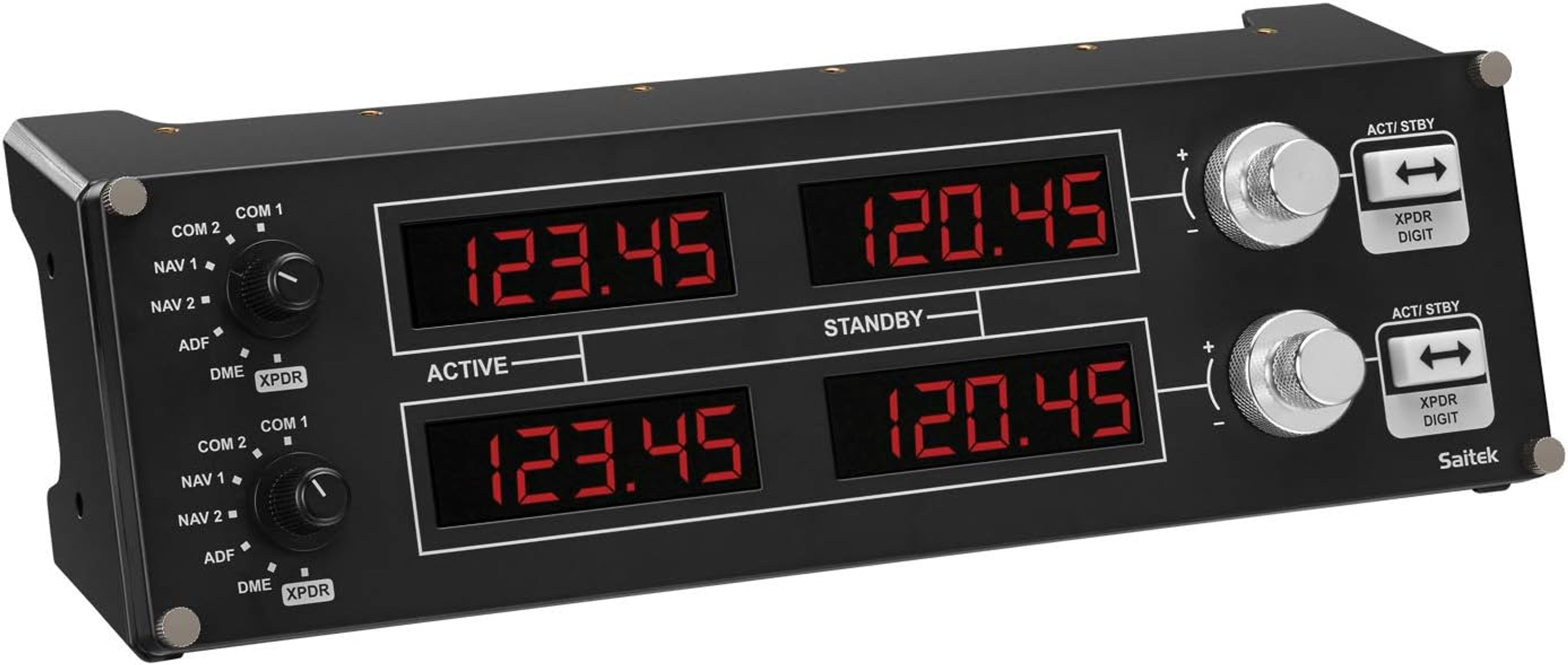 Tableau de bord d'aviation noir avec affichages numériques et boutons.