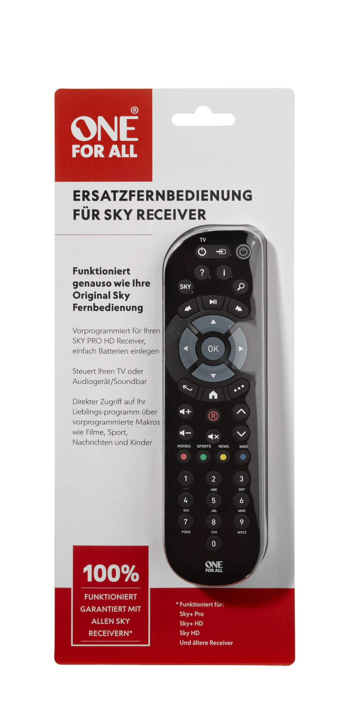 Pilot One For All w opakowaniu, czarny pilot z przyciskami, białe tło.