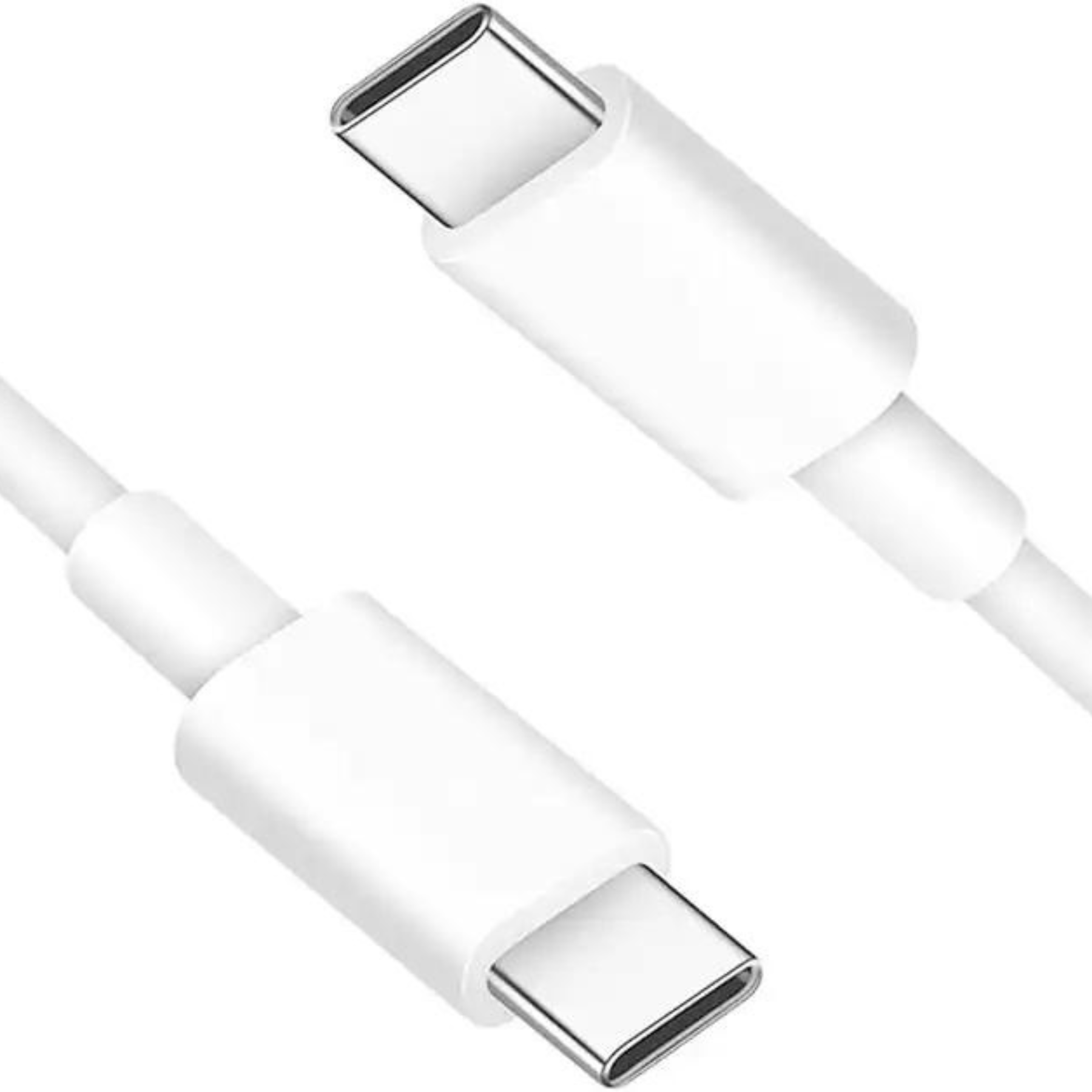 Zwei weiße USB-C-Kabel mit Metallanschlüssen vor weißem Hintergrund. Die Kabel sind nah dran.