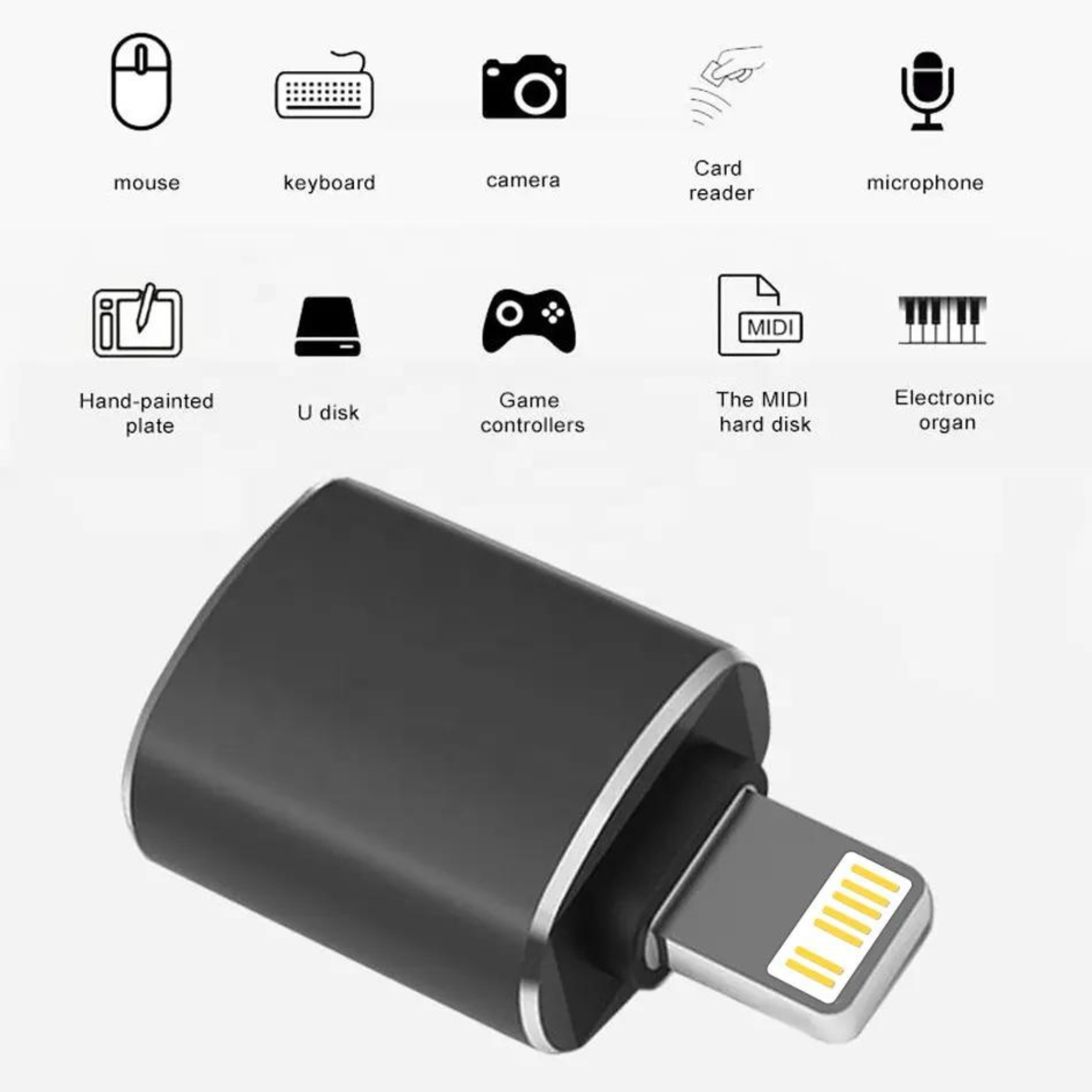 Schwarzer Adapter mit verschiedenen Symbolen: Maus, Tastatur, Kamera, Kartenleser, Mikrofon usw. Weißer HG.