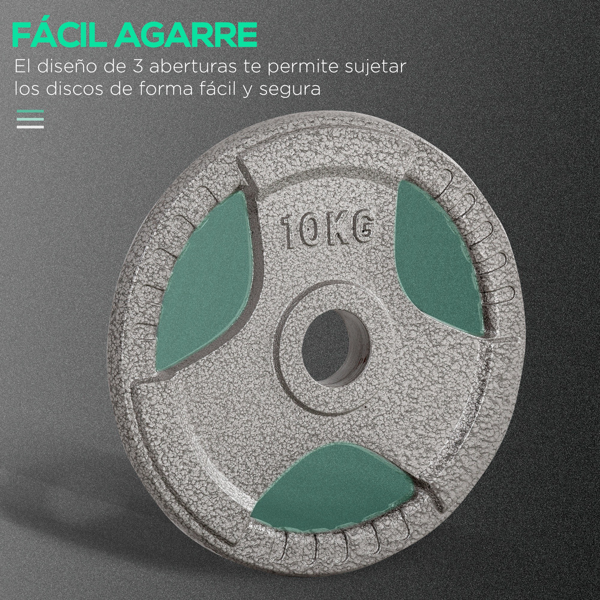 Una placa de peso gris con detalles verdes. El texto dice '10KG'. Aislado sobre un fondo oscuro.
