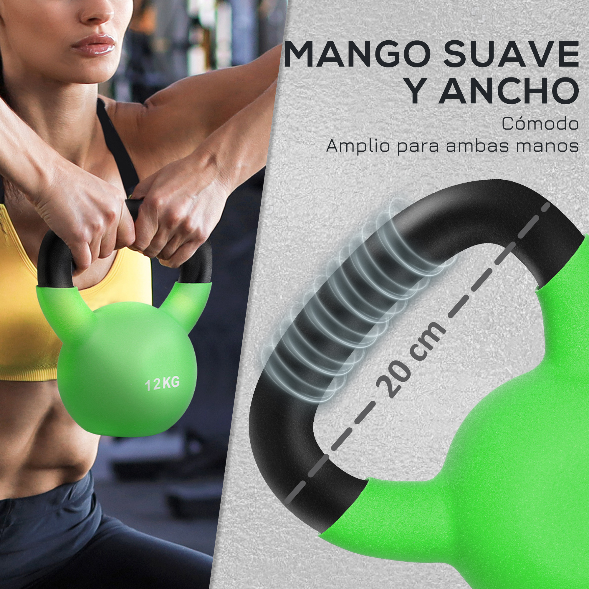 Kettlebell verde con asa negra, sostenida por una persona, texto en español.
