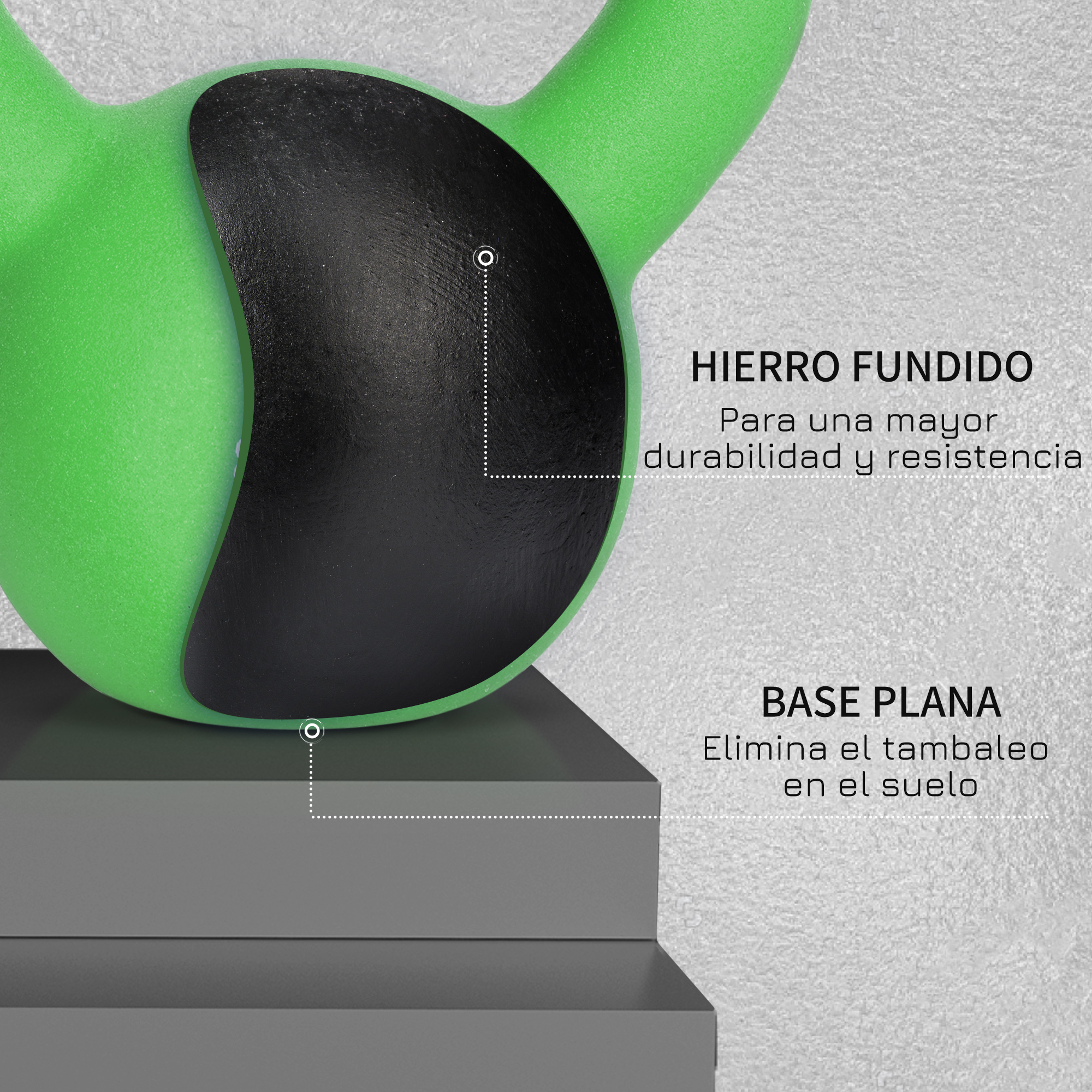 Kettlebell verde con base negra. El fondo es una pared gris claro.