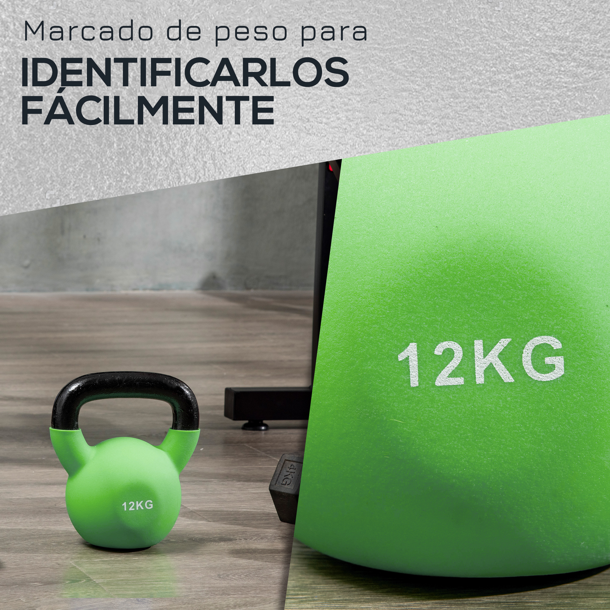 Kettlebell verde con asa negra. El peso está etiquetado 12KG. Platos de peso negros.