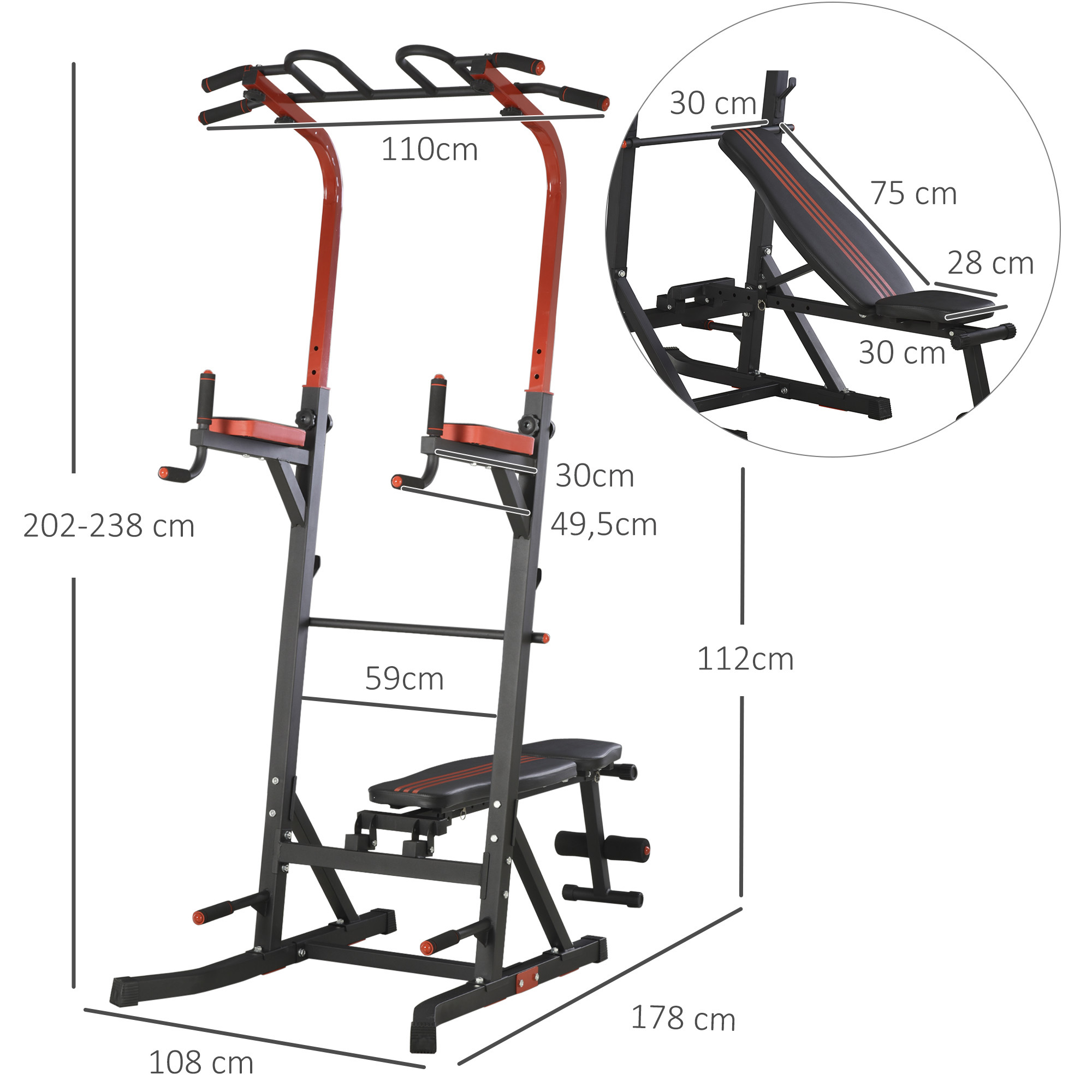 Una máquina de gimnasio multifuncional con barras de dominadas, barras de inmersión y un banco con medidas.